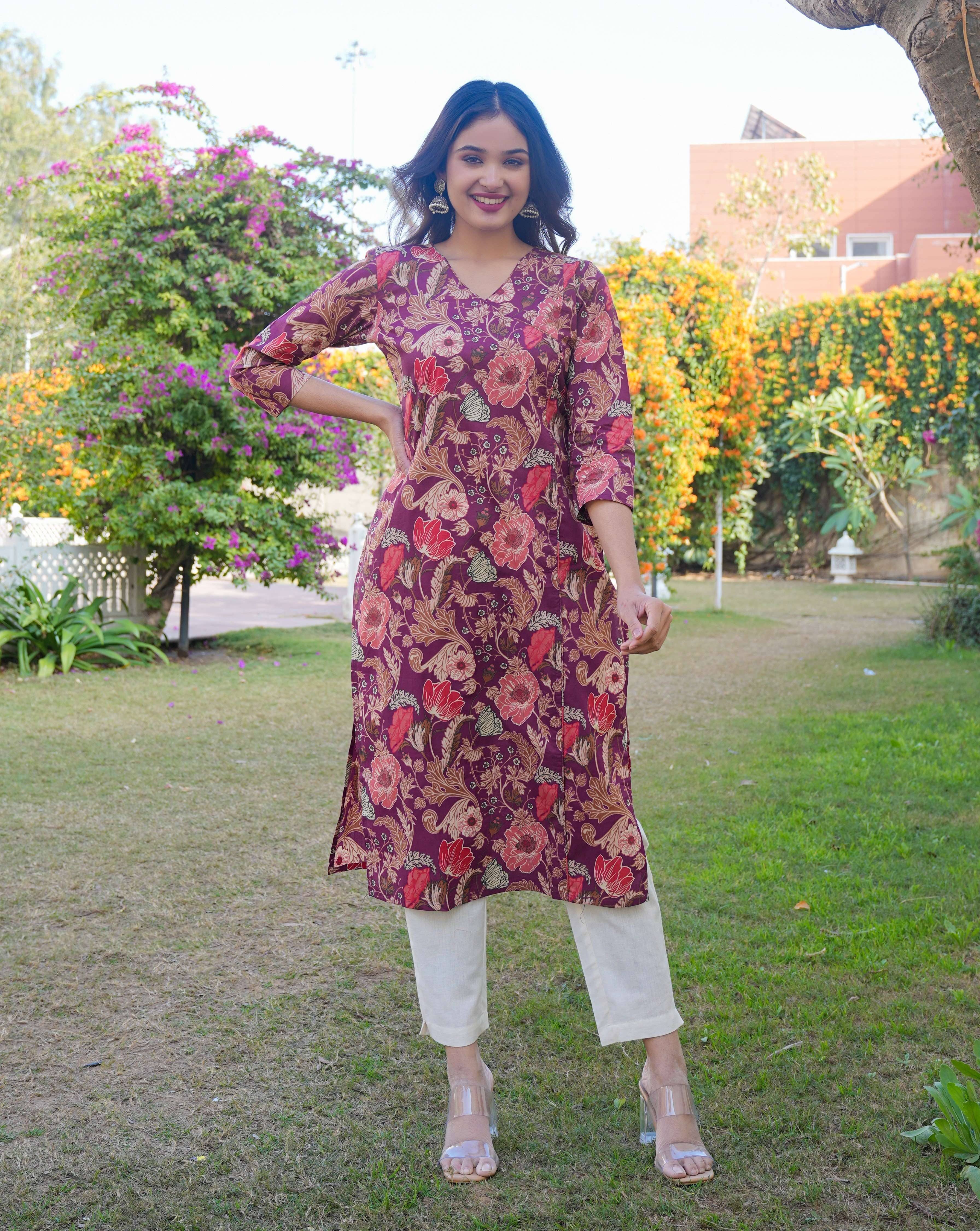 Vbuyz Cotton Printed Straight Women's Kurti - Purple ( Pack of 1 ) - Kurtis, Tunics | Buy online on ZillyBuy