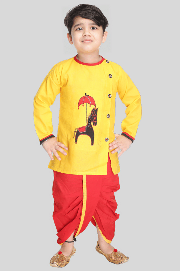 s muktar garments Boys Cotton Yellow & Red Dhoti Kurta Set ( Pack of 1 ) s muktar garments Boys Cotton Yellow & Red Dhoti Kurta Set ( Pack of 1 )
