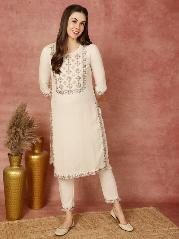     			Antaran Cotton Embroidered Kurti With Pants Women's Stitched Salwar Suit - Off White ( Pack of 1 )