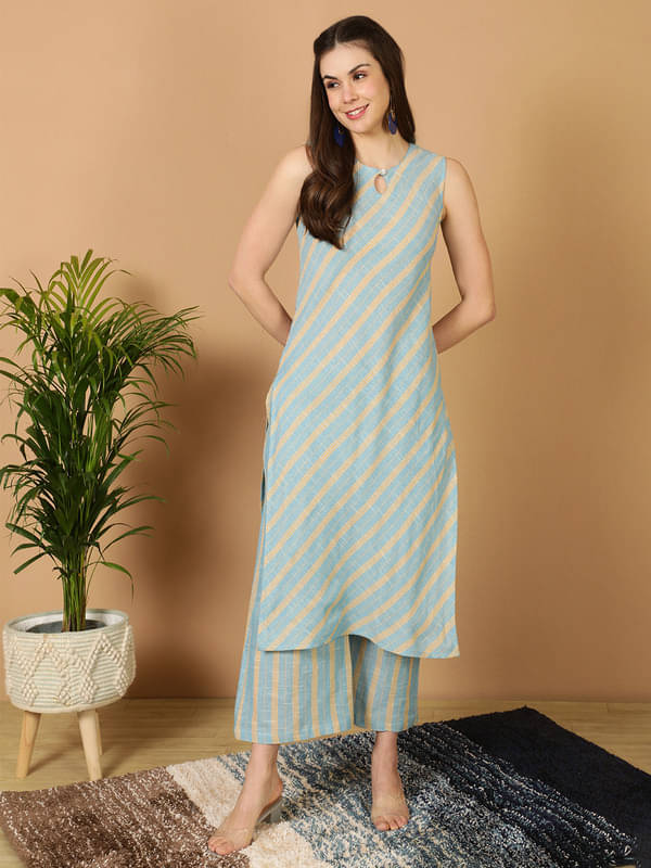     			Antaran Cotton Striped Kurti With Palazzo Women's Stitched Salwar Suit - Blue ( Pack of 1 )