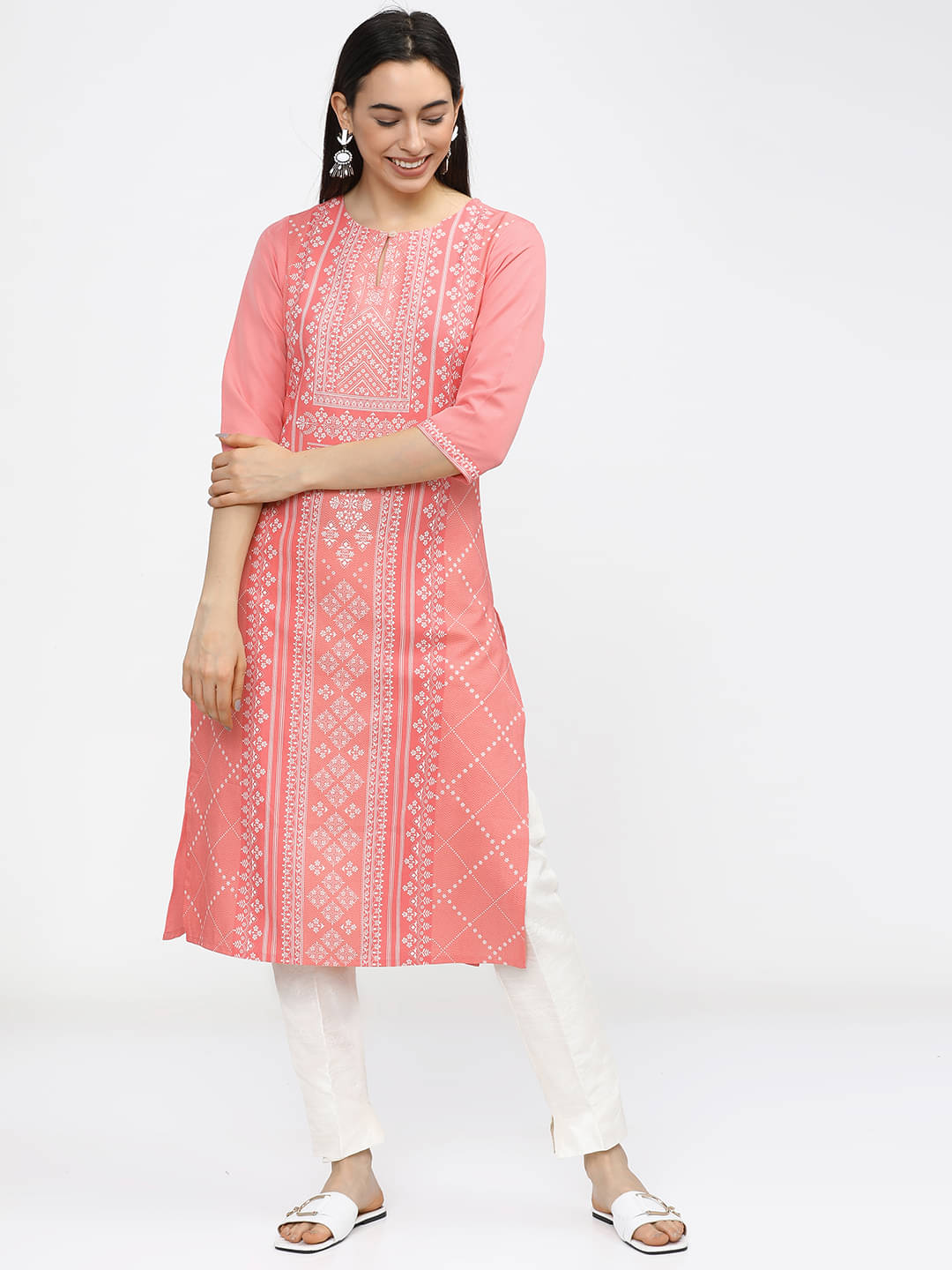     			Ketch Polyester Printed Straight Women's Kurti - Peach ( Pack of 1 )