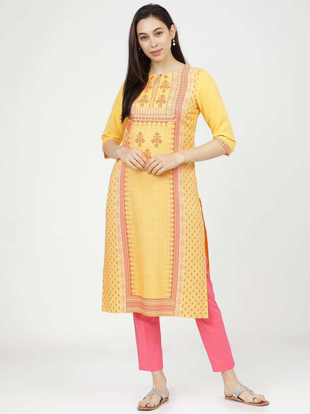    			Ketch Polyester Printed Straight Women's Kurti - Yellow ( Pack of 1 )