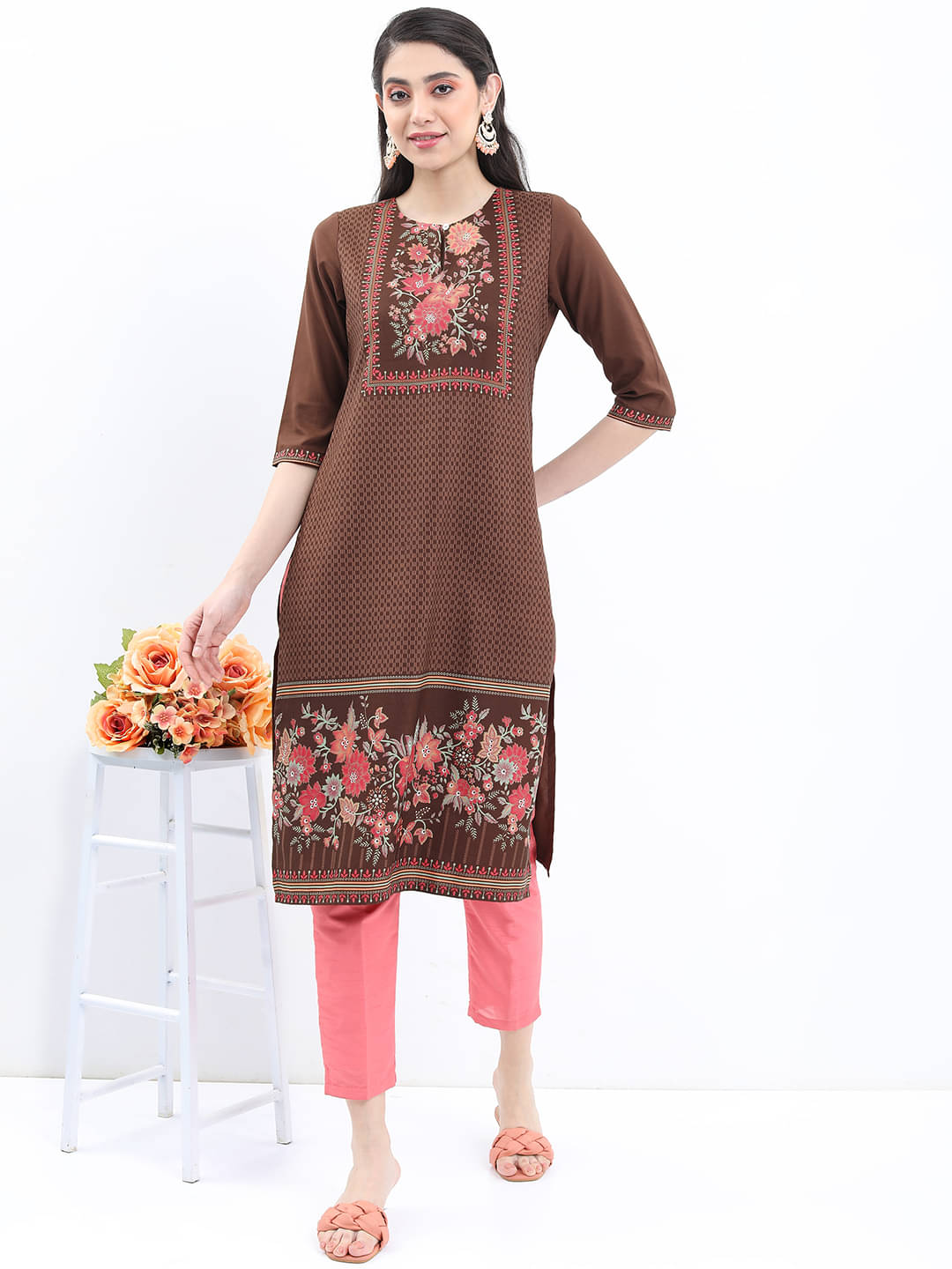 Ketch Polyester Printed Straight Women's Kurti - Brown ( Pack of 1 ) Ketch Polyester Printed Straight Women's Kurti - Brown ( Pack of 1 )