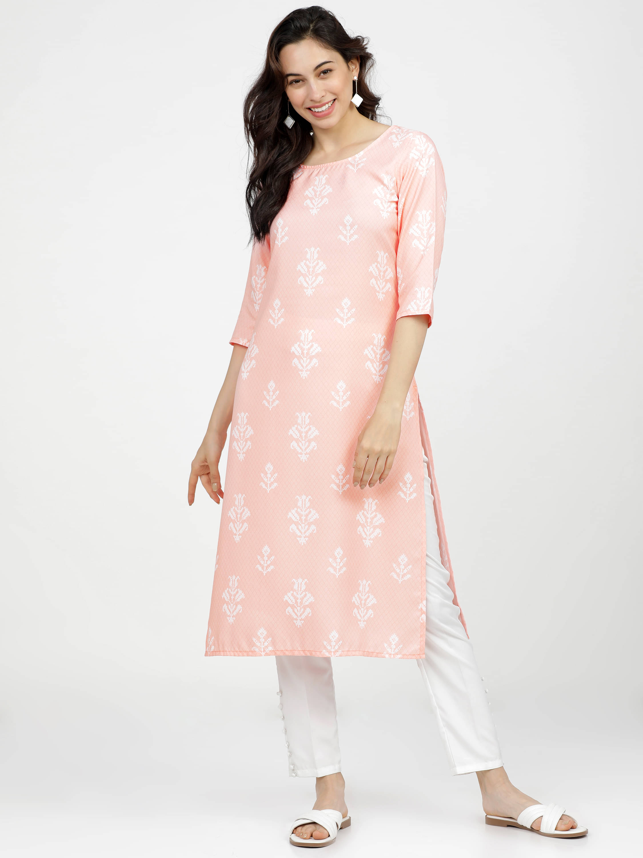     			Ketch Polyester Printed Straight Women's Kurti - Peach ( Pack of 1 )