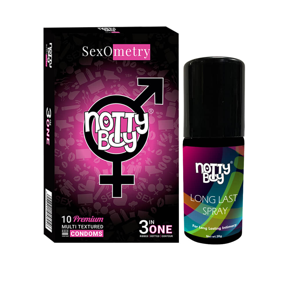 NottyBoy  Long Last Delay Spray For Men 20g, 3in1 Ribbed Dotted Contoured Condoms - Pack of 1