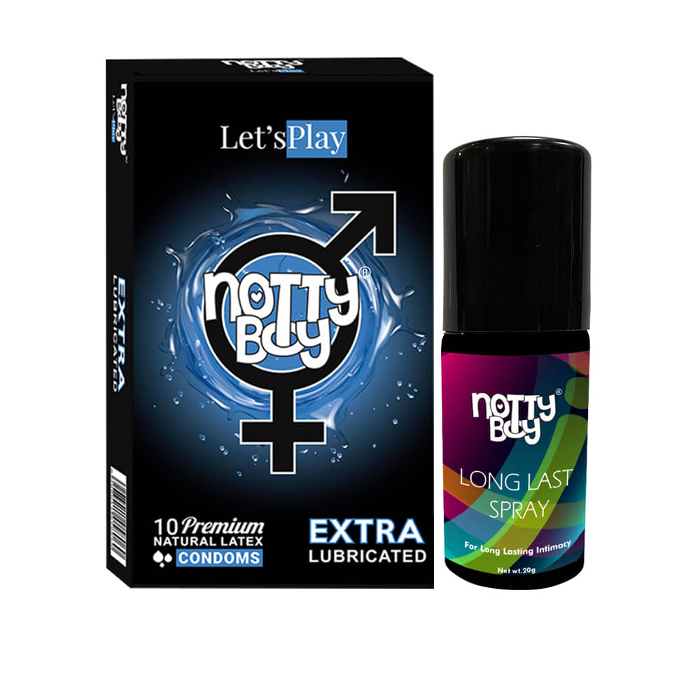 NottyBoy  Long Last Delay Spray For Men 20g, Extra Lubricated Condoms - Pack of 1