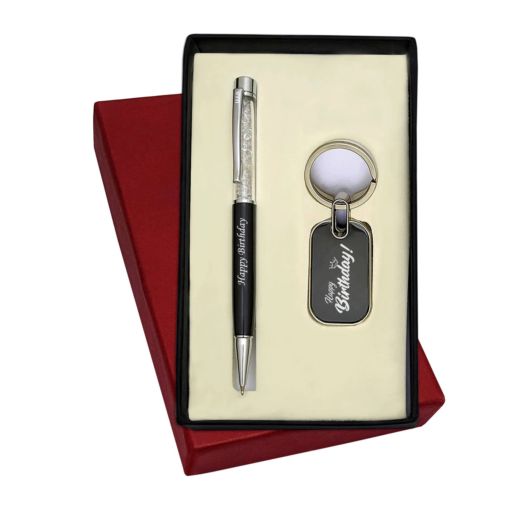     			UJJi 2 in 1 Happy Birthday Printed Set Cristal Filled Metal Ball Pen with Keychain