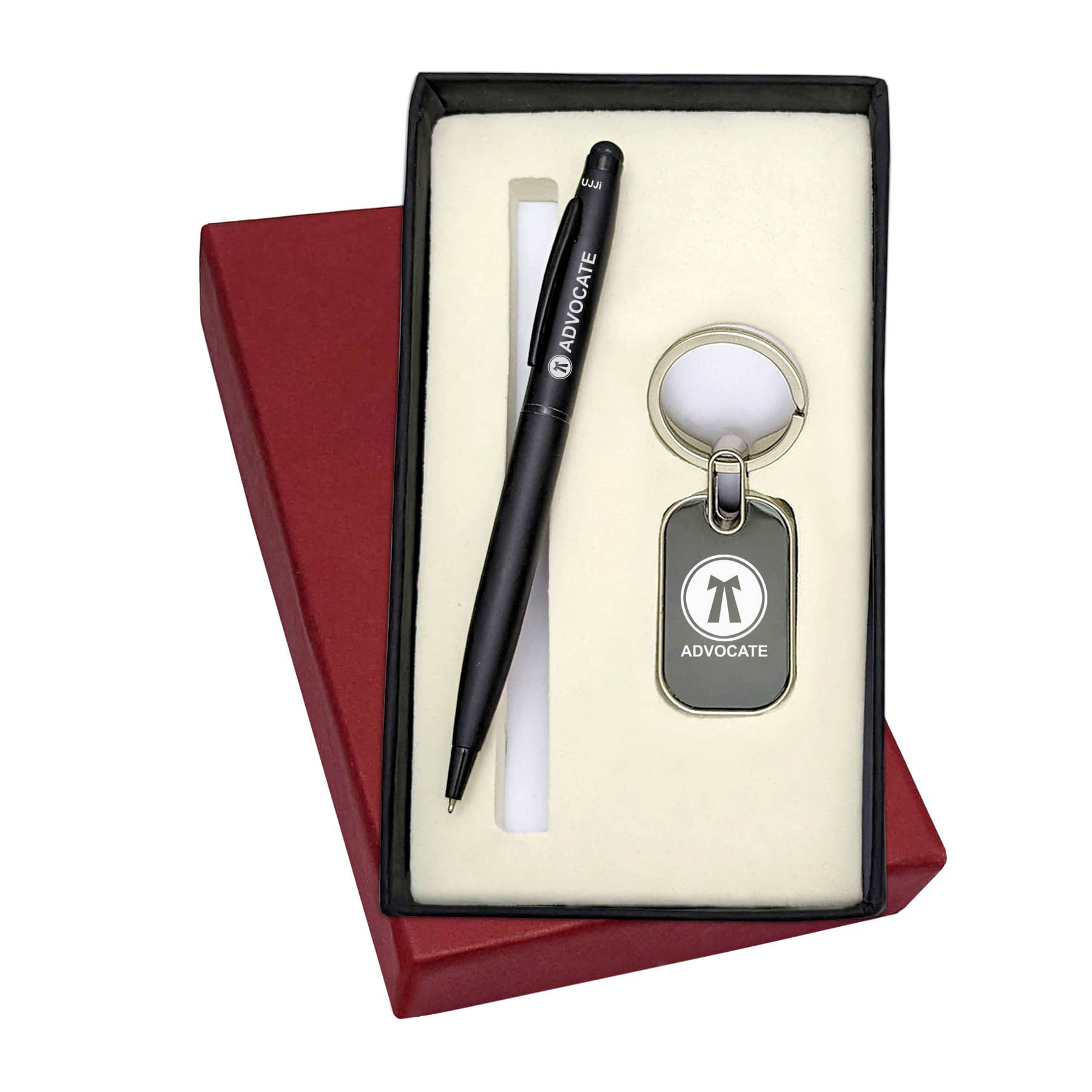 UJJi 2in1 Advocate Logo Set in Matte Finish Black Color Pen and Metal Keychain