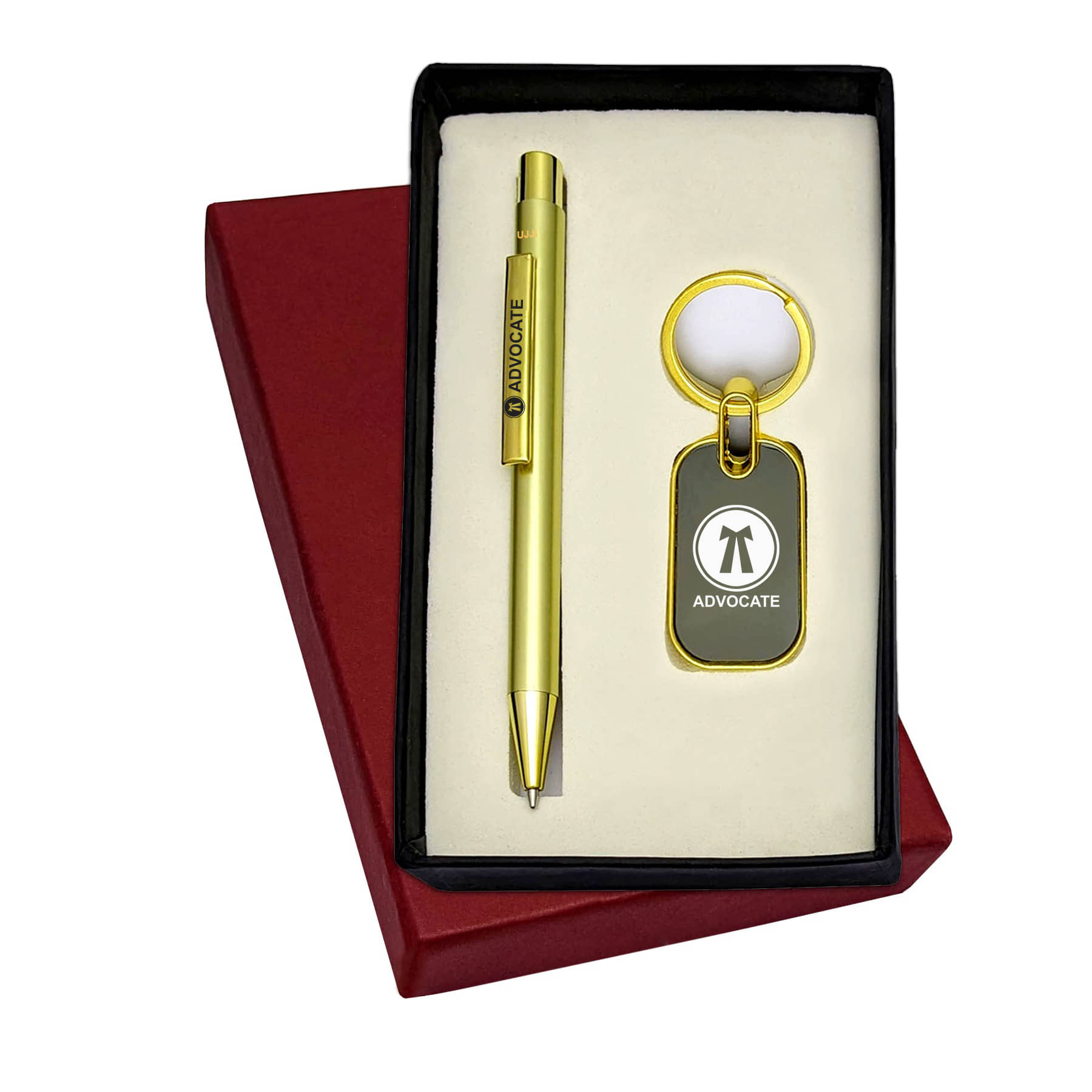 UJJi 2in1 Advocate Logo Set in Shiny Gold Color Retractable Pen & Metal Keychain