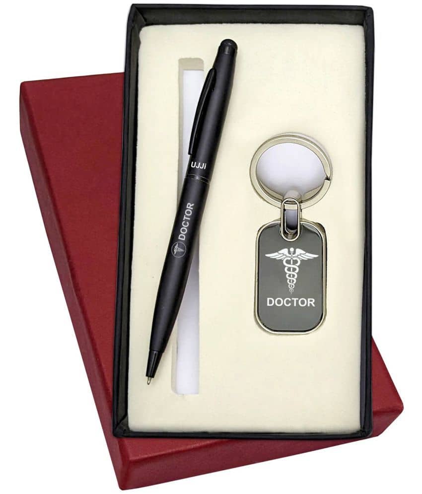 UJJi 2in1 Doctor Logo Engraved Set in Matte Finish Black Color Pen and Metal Keychain