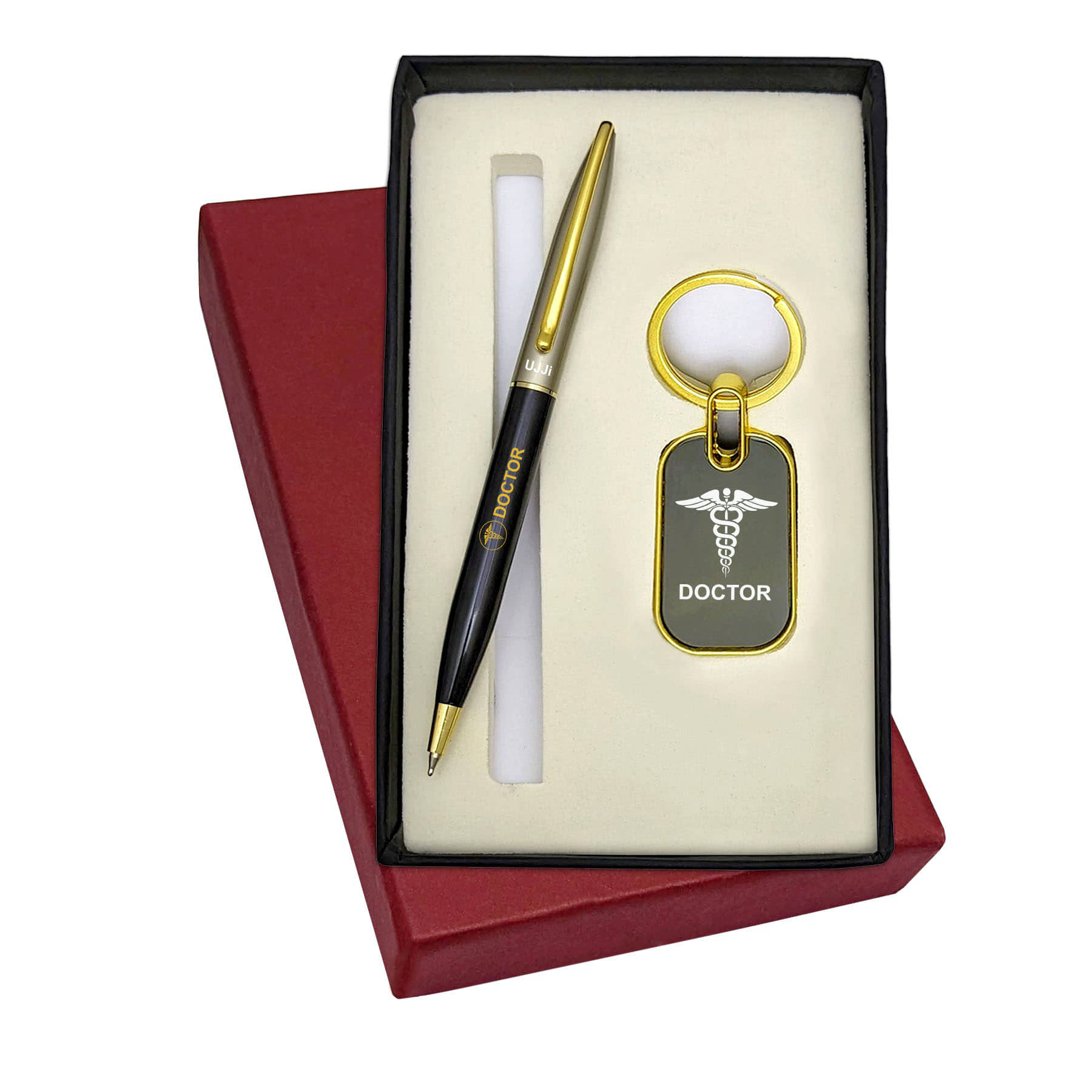 UJJi 2in1 Doctor Logo Set with Half Black Body Golden Part Ball Pen & Keychain