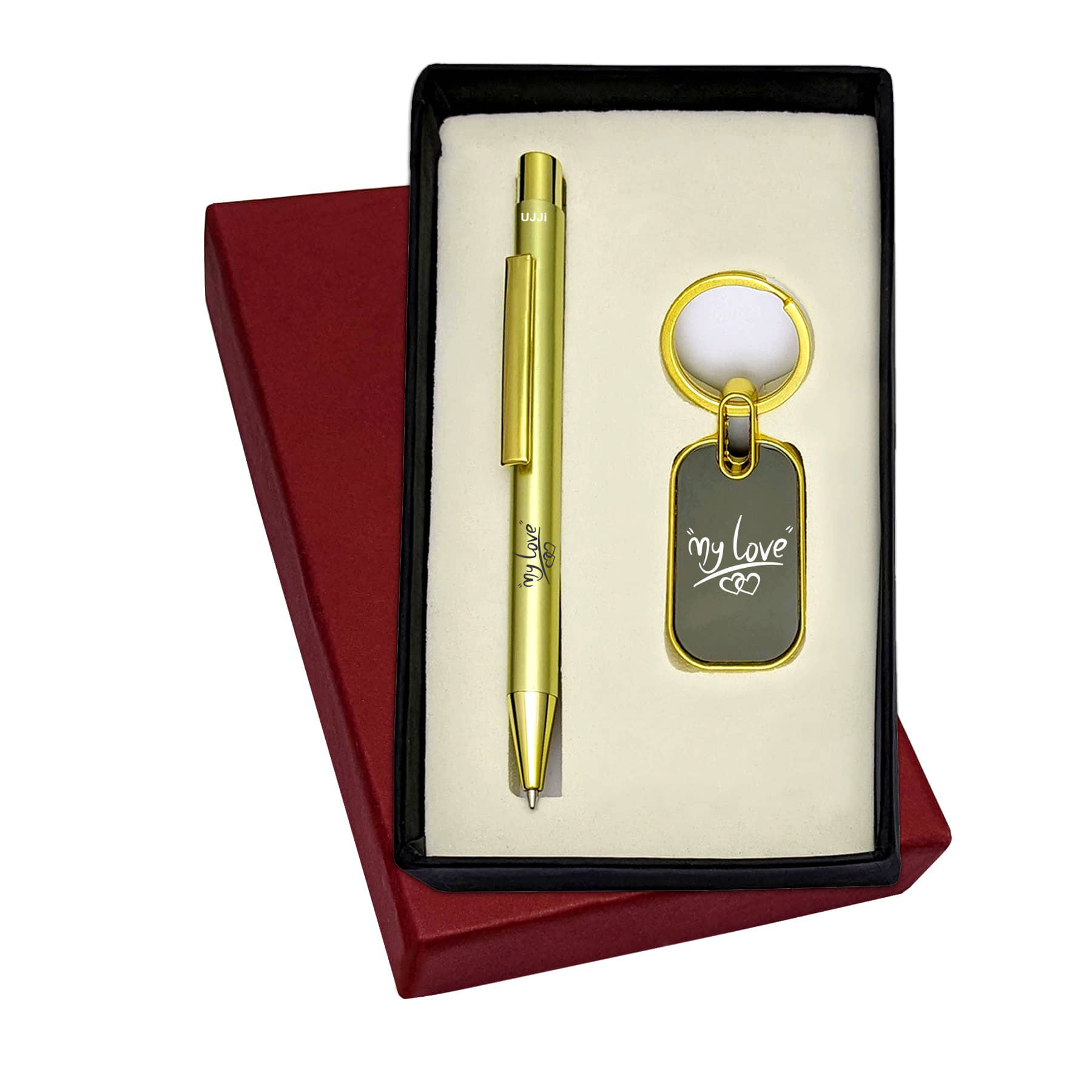UJJi 2in1 My Love Set in Shiny Gold Color Retractable Pen & Metal Keychain