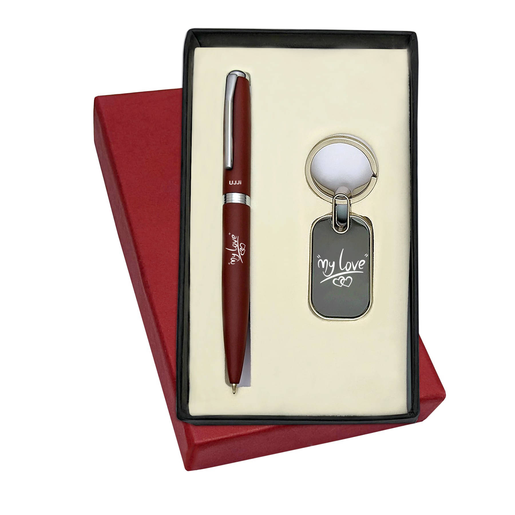     			UJJi 2in1 My Love Engraved Matte Finish Brown Colour Ballpen and Keychain