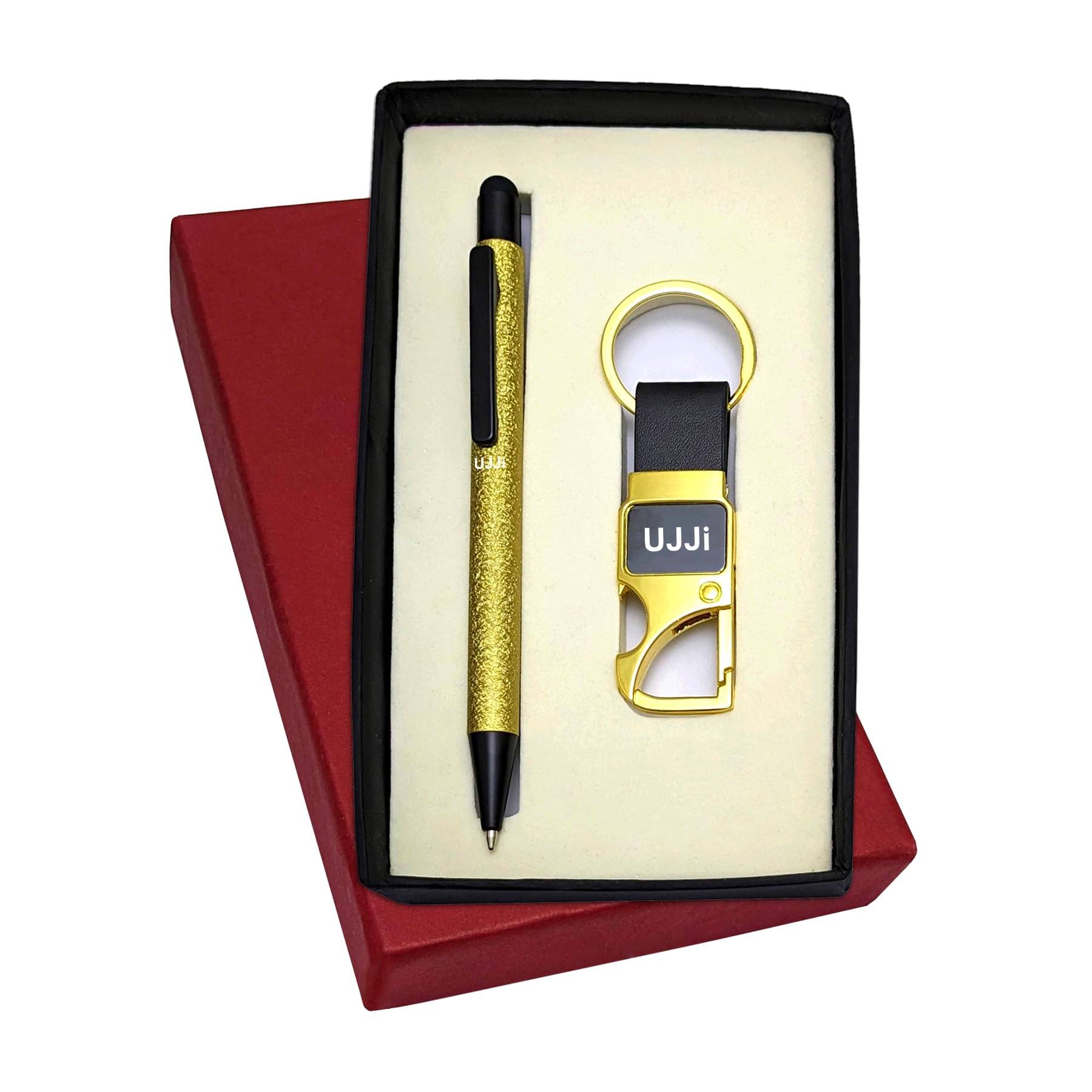     			UJJi 2in1 Set in Golden Texured Design Pen with Stylus and Hook Keychain