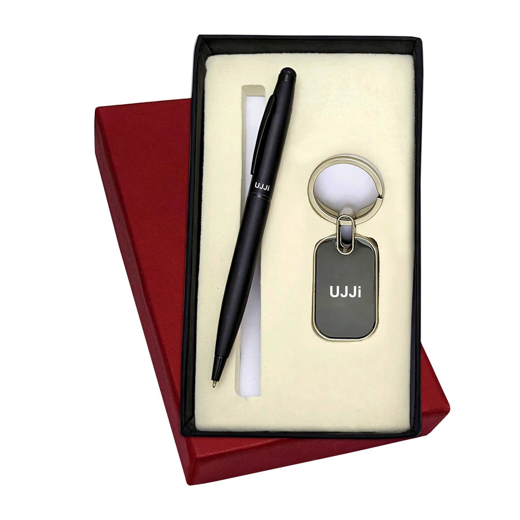     			UJJi 2in1 Set in Matte Finish Black Color Pen and Metal Keychain