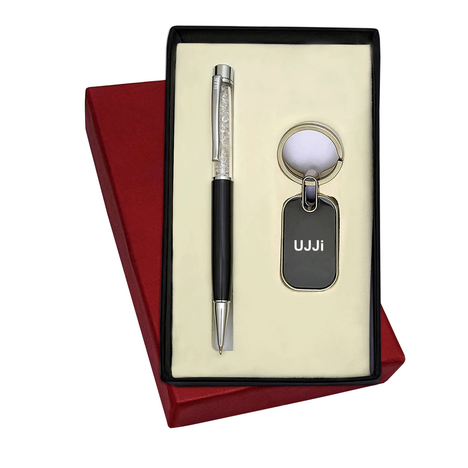     			UJJi 2x1 Set Black Body Colour Cristal Metal Ball Pen with Keychain