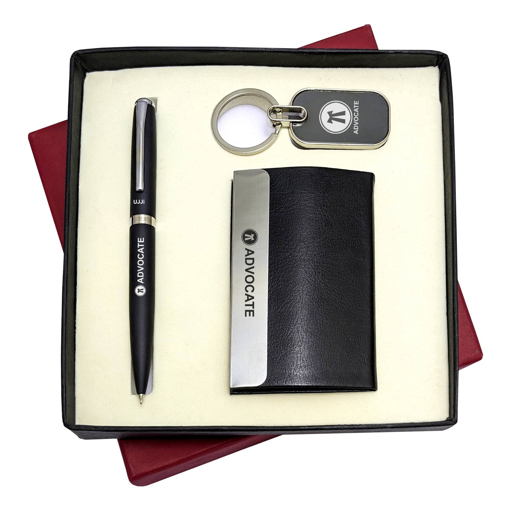     			UJJi 3in1 Advocate Logo Set with Black Body Ball Pen, Keychain and ATM Card Holder