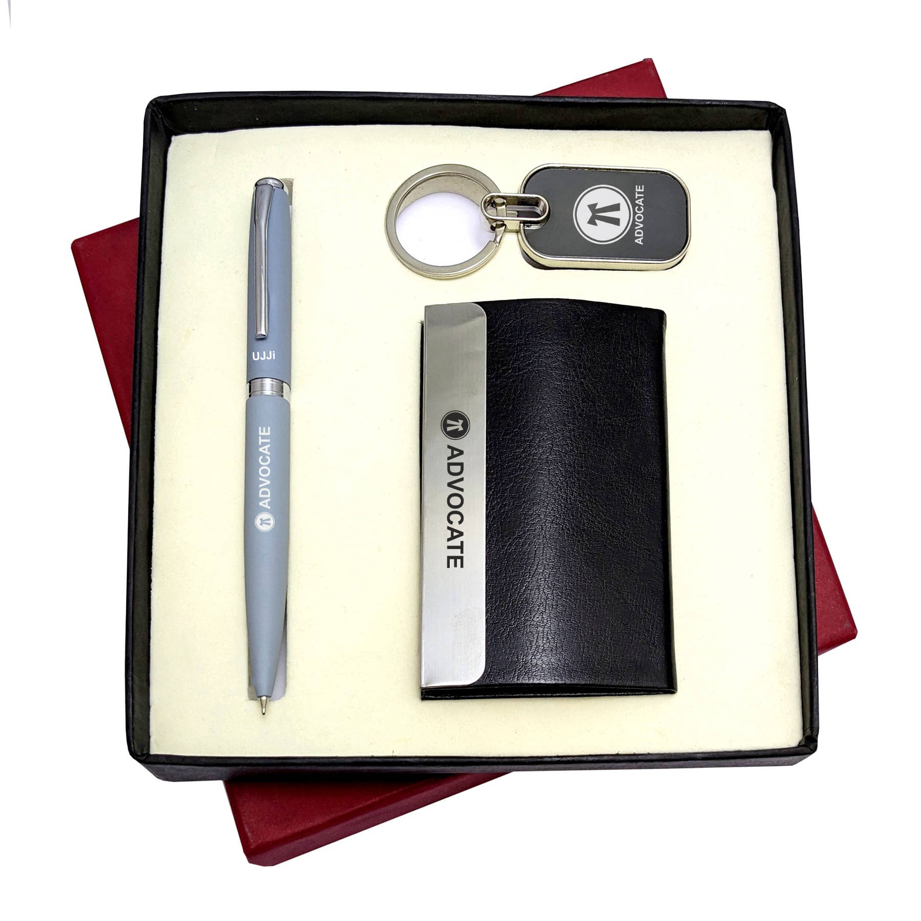     			UJJi 3in1 Advocate Logo Set with Grey Color Ball Pen, Keychain and ATM Card Holder