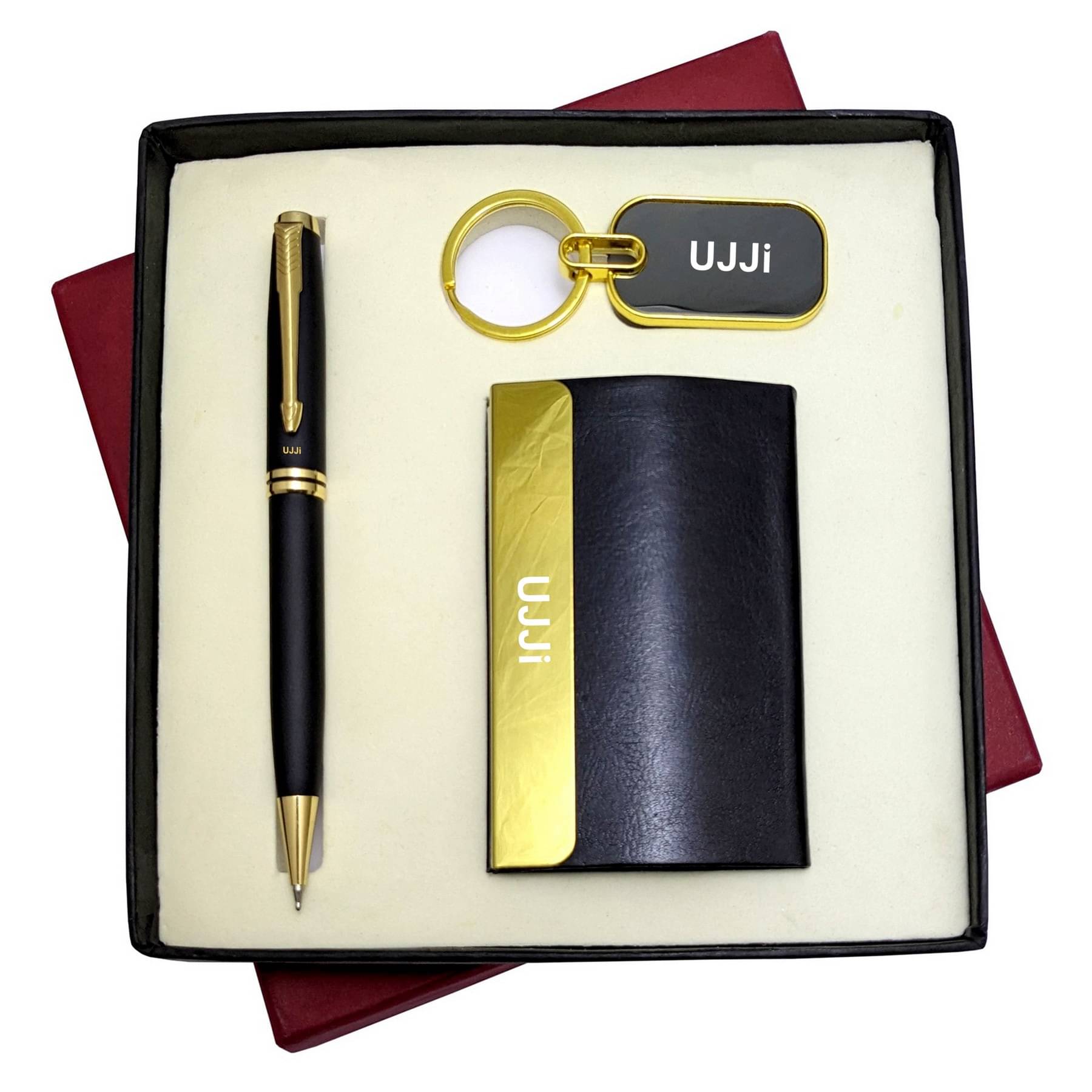     			UJJi 3in1 Set with Black  Golden Part Twist  Metal Pen, Keychain and ATM Card Holder