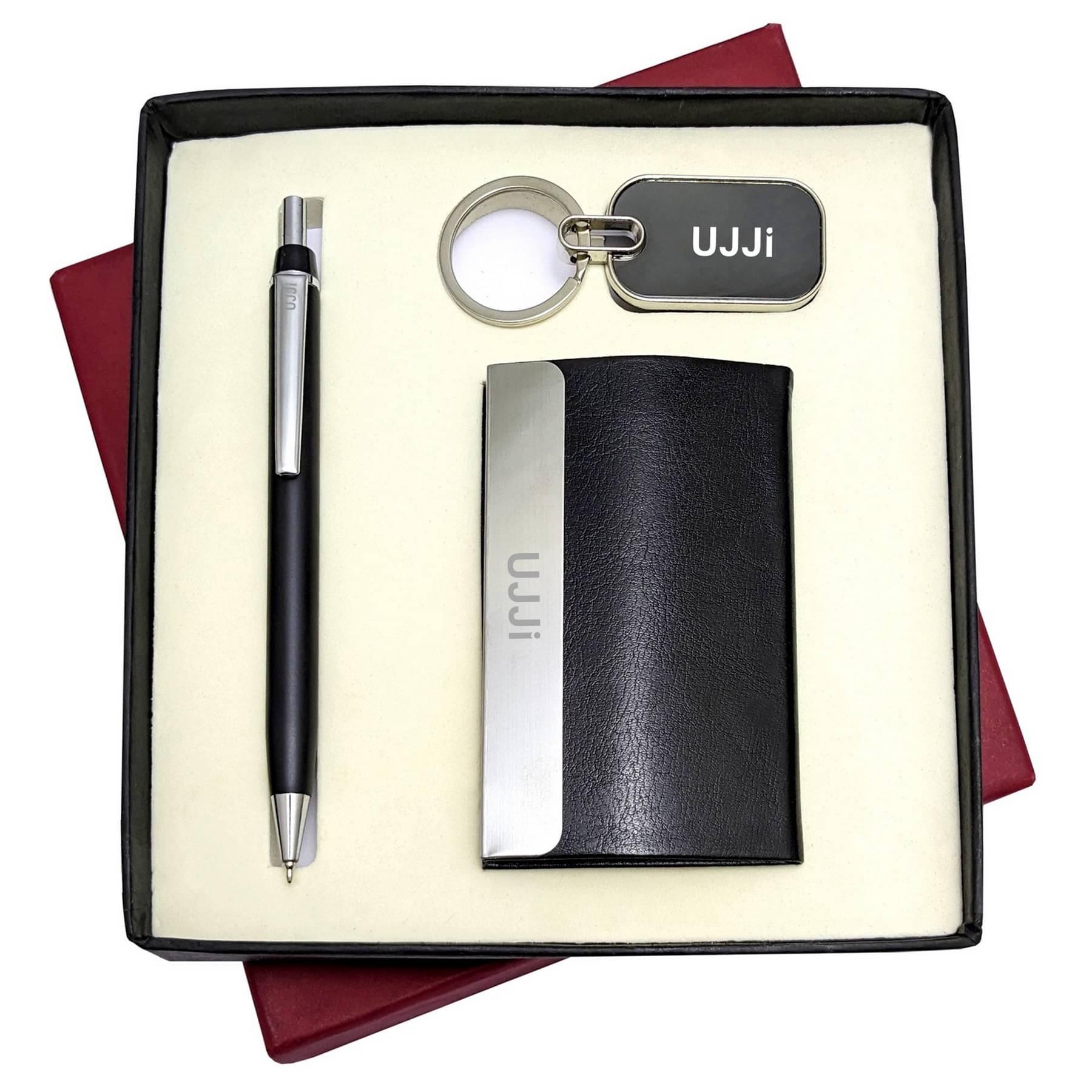     			UJJi 3in1 Set with Black Colour Retractable Metal Pen, Keychain and ATM Card Holder