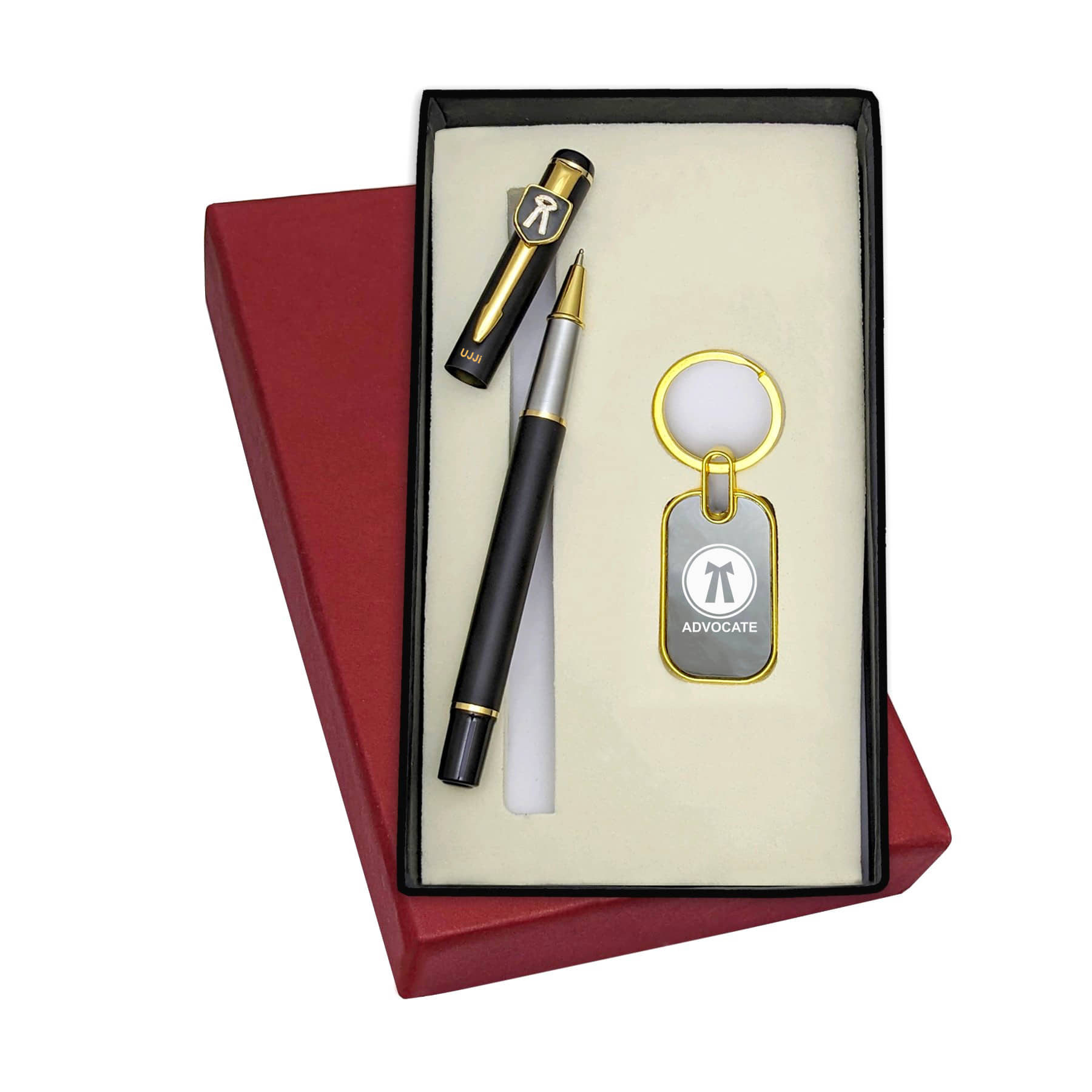 UJJi Advocate Logo 2in1 Set in Golden Part with Long Metal Refill Pen with Keychain
