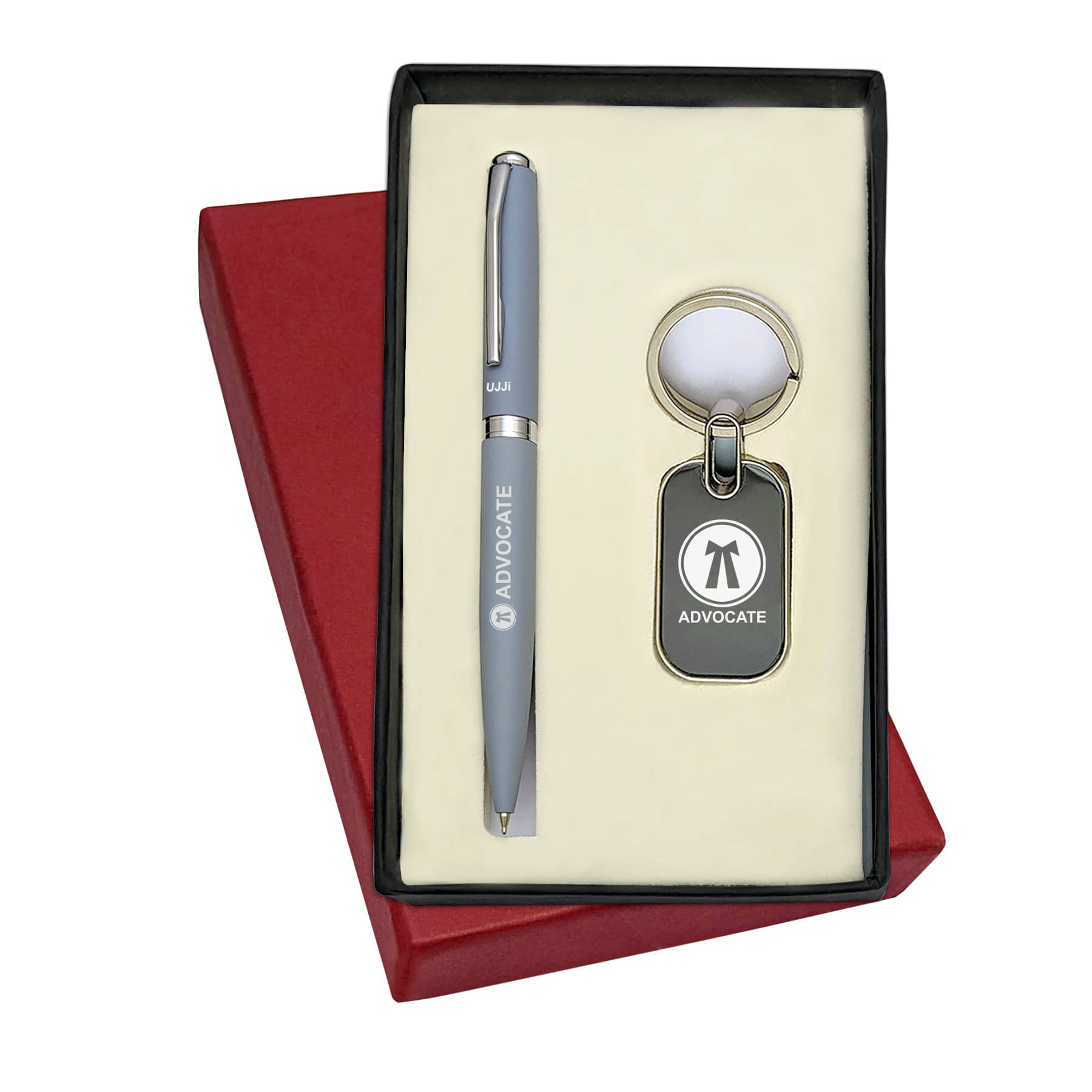 UJJi Advocate Logo Engraved 2in1 Set with Matte Grey Color Ballpen and Keychain