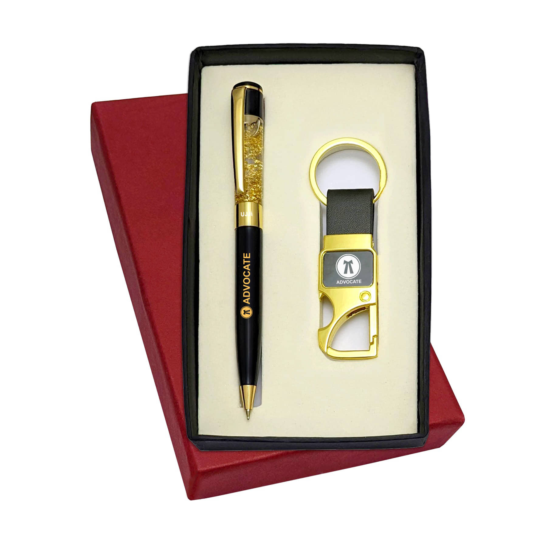 UJJi Advocate Logo Engraved Golden Gel Filled Brass Body Ball Pen & Hook Keychain