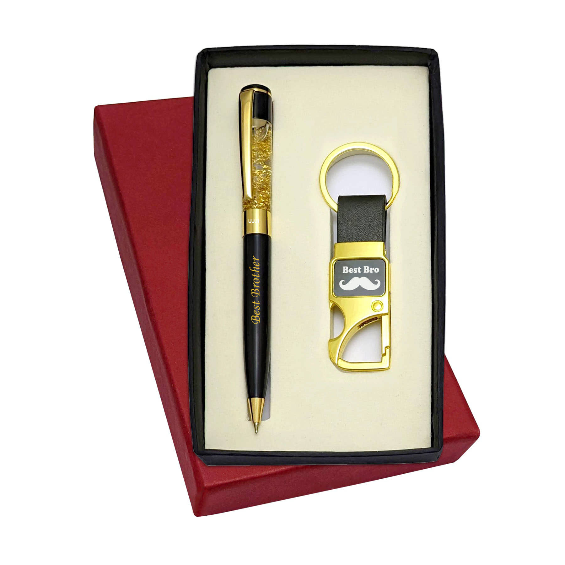 UJJi Best Bro Printed Golden Gel Filled Brass Body Ball Pen & Hook Keychain