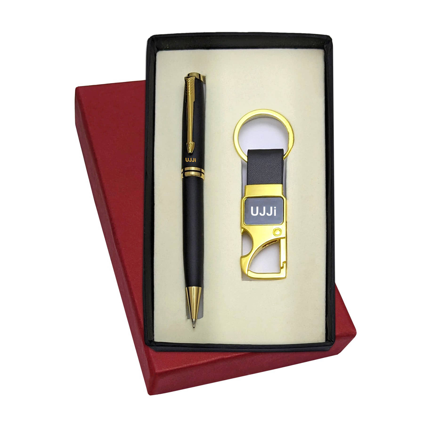 UJJi Brass Body Black Colour Pen & Metal Hook Keychain