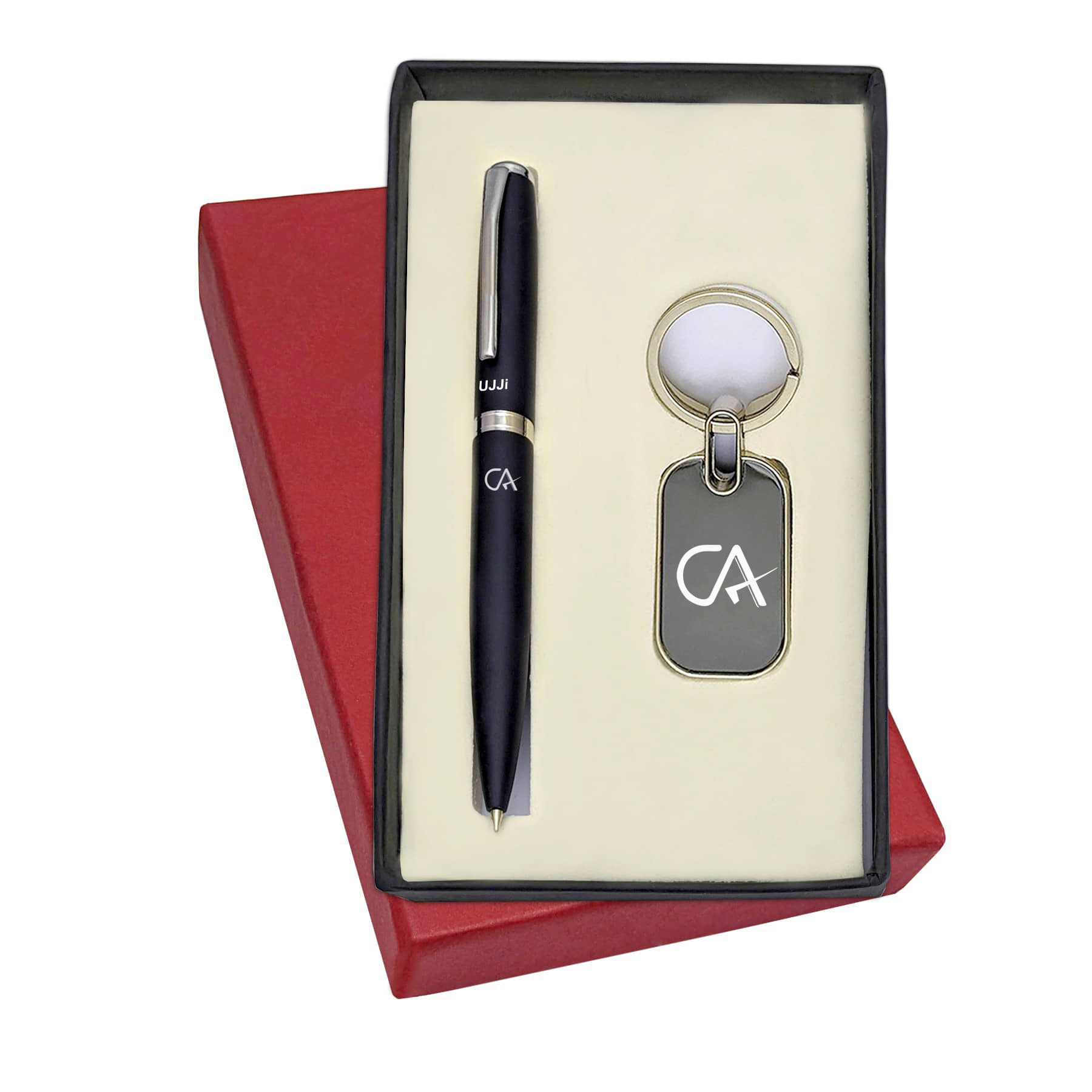 UJJi CA Logo Engraved Matte Finish Black Colour Ballpen and Keychain