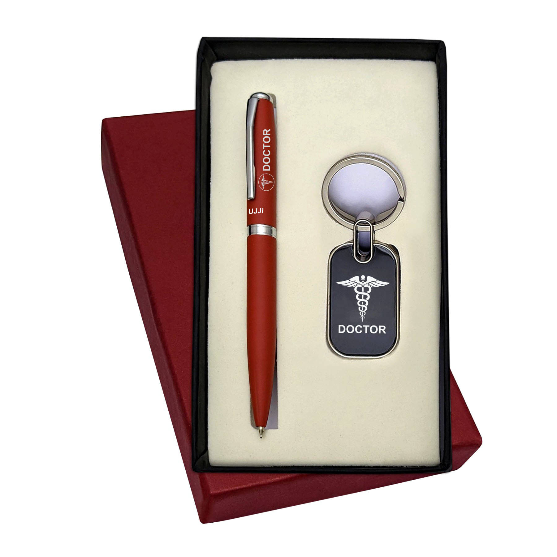     			UJJi Doctor Logo Engraved Tan Colour Ball Pen and Keychain