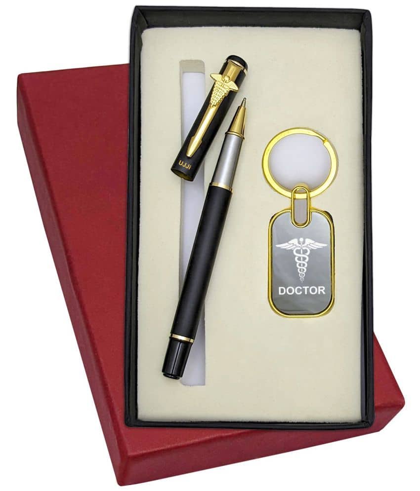 UJJi Doctor Logo Gifts in 2in1 Golden Part with Long Metal Refill Pen with Keychain