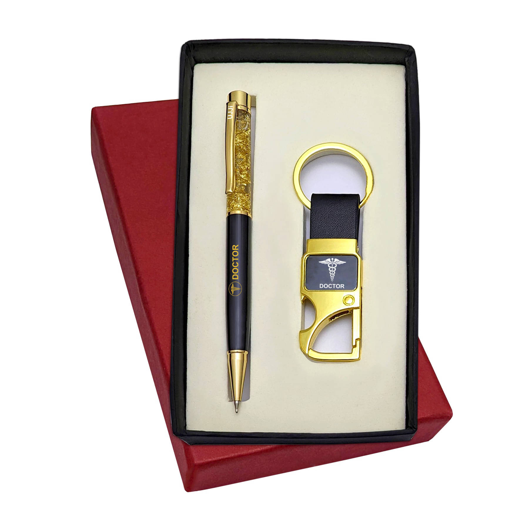     			UJJi Doctor Logo Printed Golden Gel Filled Brass Body Ball Pen & Hook Keychain