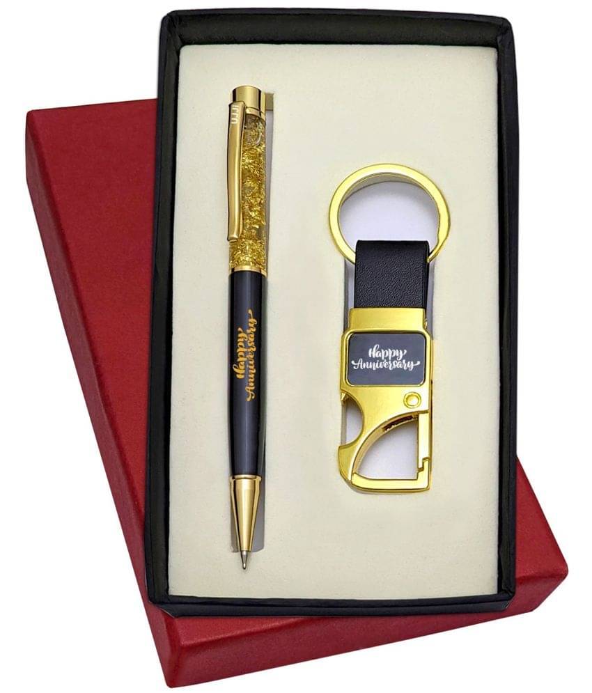     			UJJi Happy Anniversary Printed Golden Gel Filled Brass Body Ball Pen & Hook Keychain
