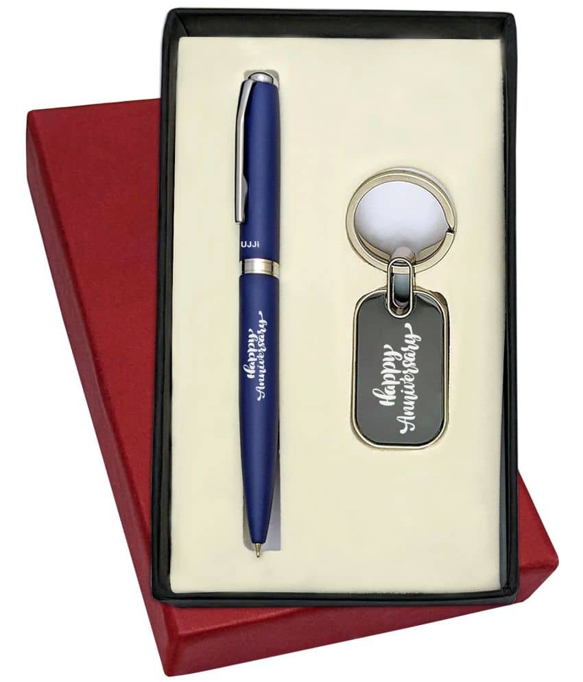 UJJi Happy Anniversary Printed Matte Finish Blue Colour Ballpen and Keychain