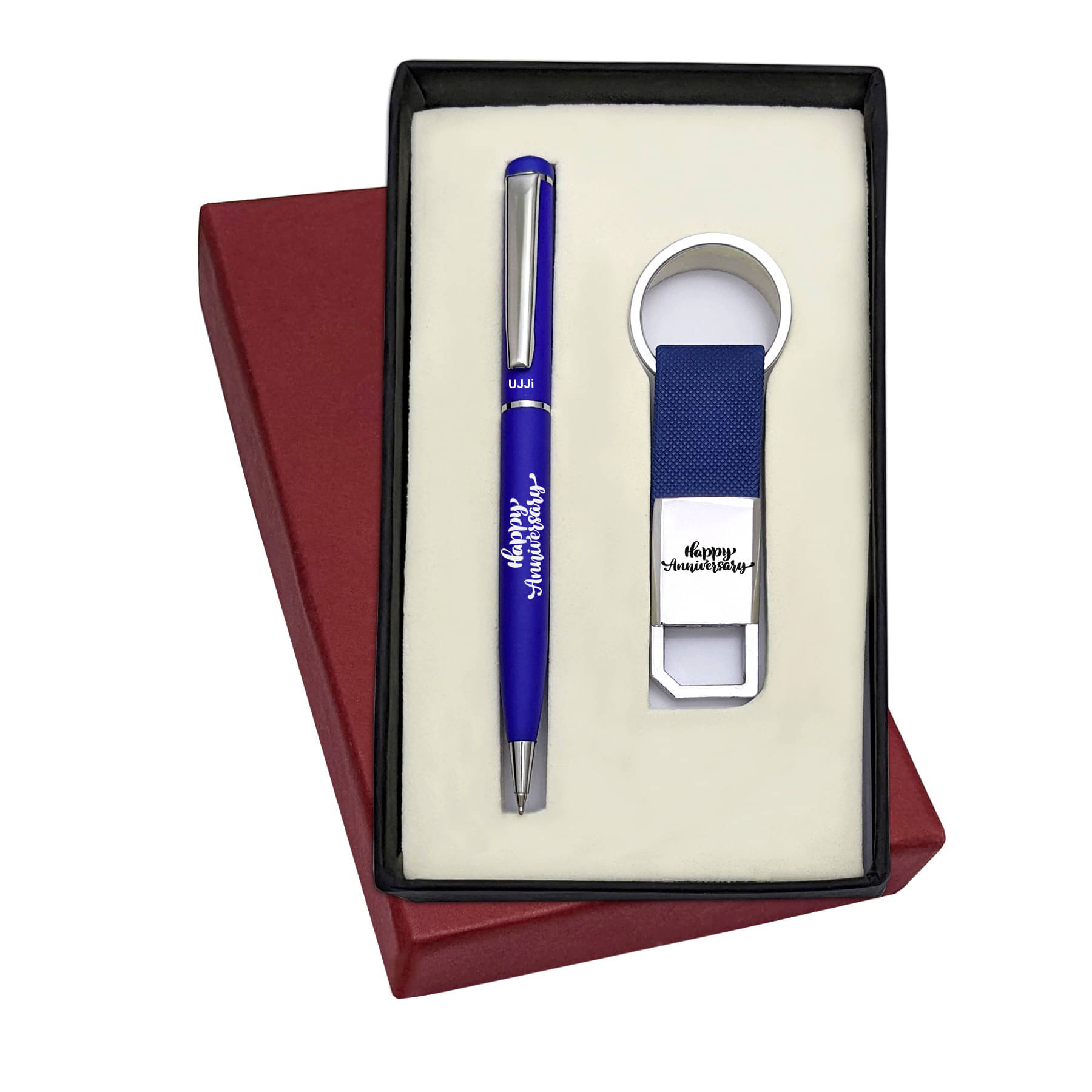     			UJJi Happy Anniversary Printed Slim Design Blue Color Metal Ball Pen & Hook Keychain