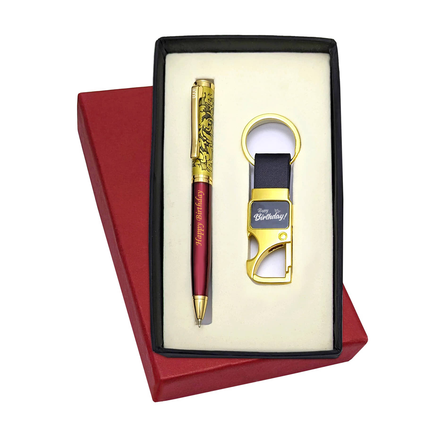 UJJi Happy Birthday Printed Antique Design Maroon Color Brass Body Pen &  Key Ring