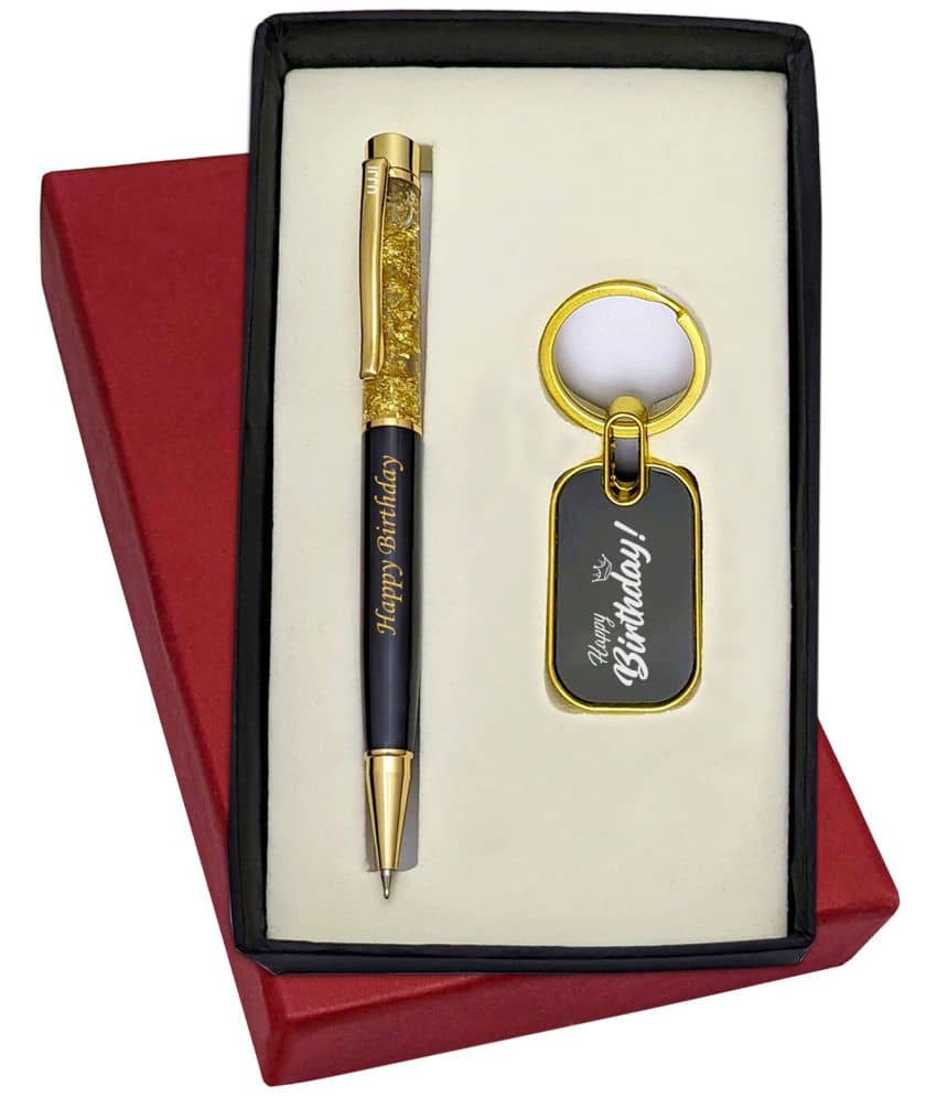 UJJi Happy Birthday Printed Golden Gel Filled Brass Body Ball Pen & Keychain