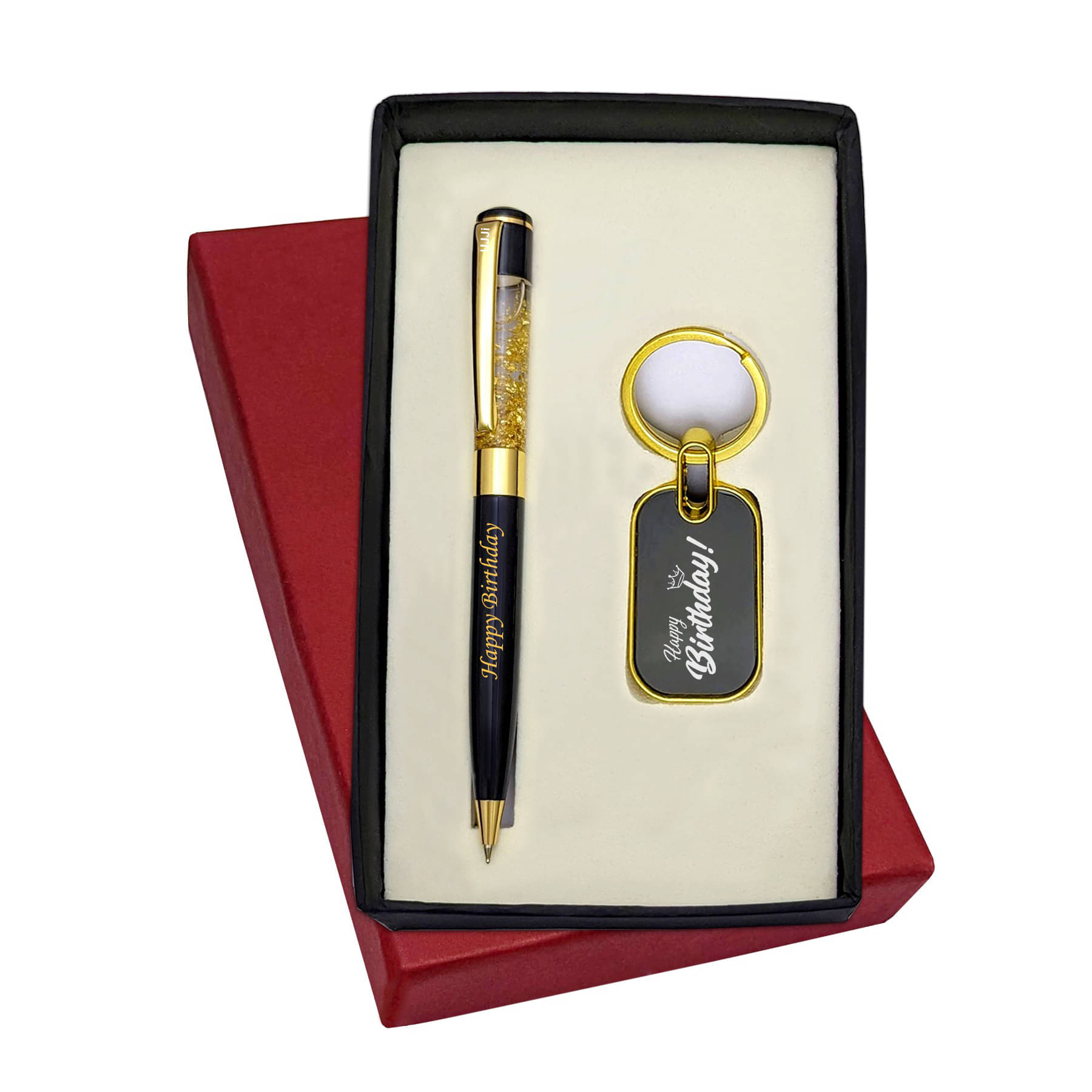     			UJJi Happy Birthday Printed Golden Gel Filled Brass Body Ball Pen & Metal Keychain