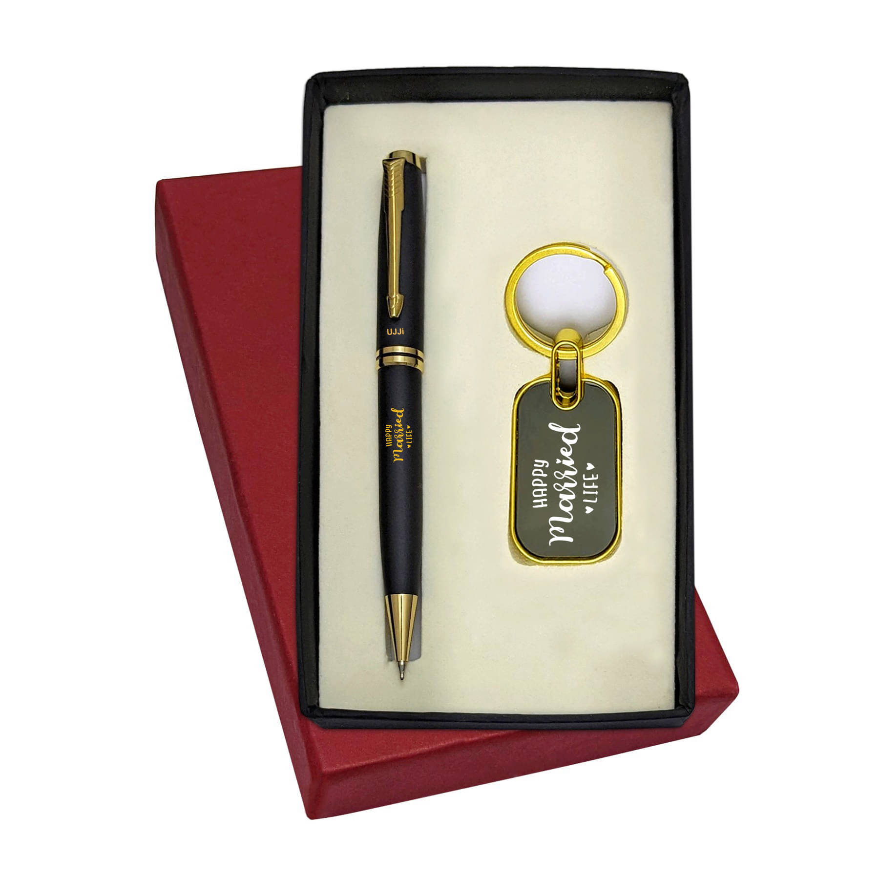     			UJJi Happy Married Life Engraved Brass Body Black Colour Pen & Metal Hook Keychain