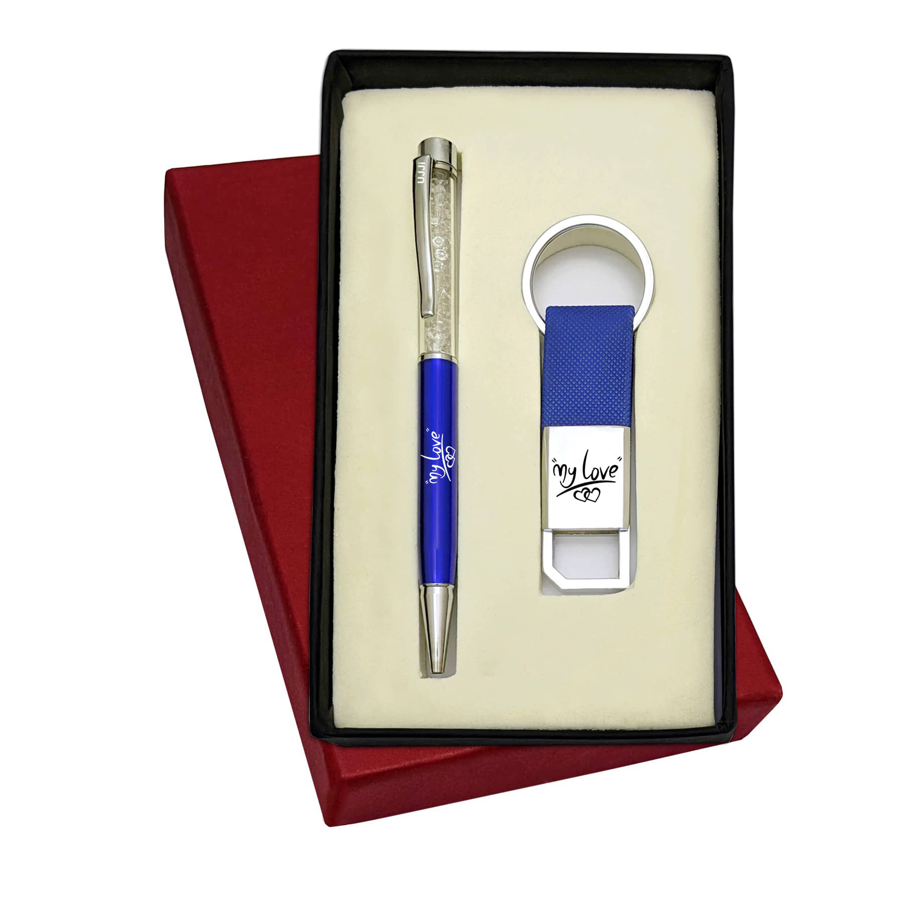 UJJi My Love 2in1 Combo Set with Cristal Filled Blue Body Ball Pen & Hook Keychain
