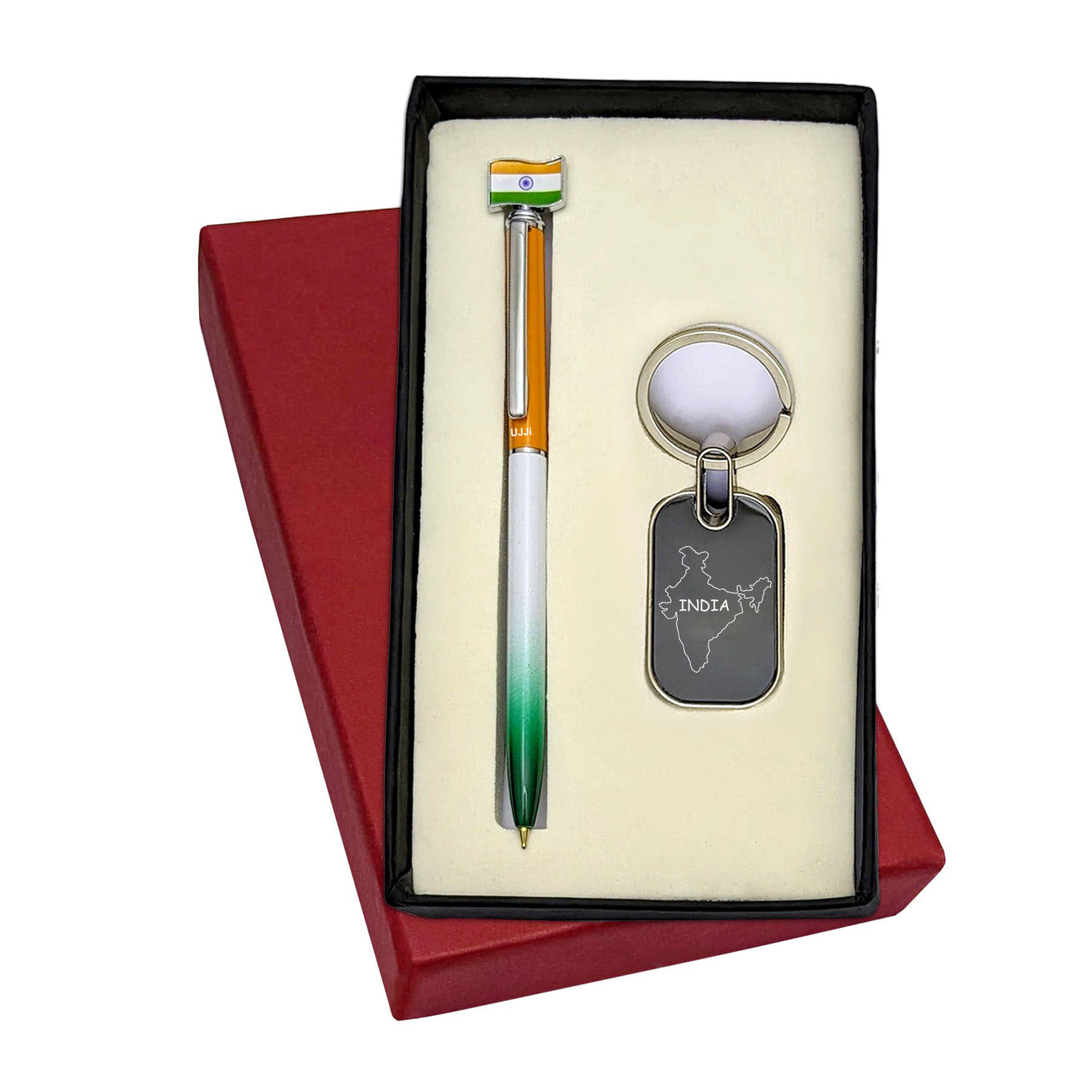 UJJi Tiranga Pen with Flag & Keyring Set India Map Engraved Metal Keychain