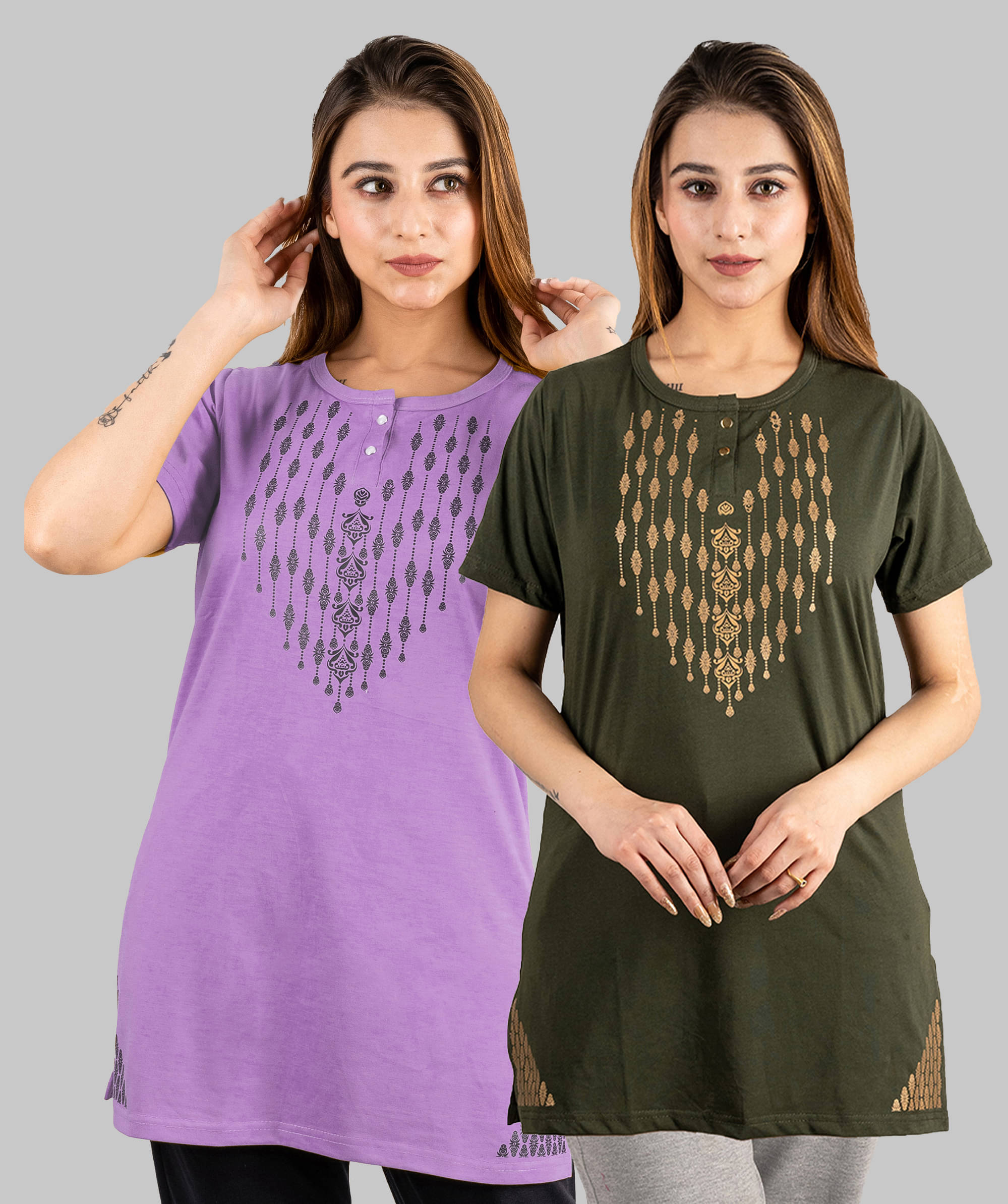 URBE Women Cotton Blend Printed Regular Fit Henley Neck T-Shirt ( Multi Color )     			URBE Women Cotton Blend Printed Regular Fit Henley Neck T-Shirt ( Multi Color )