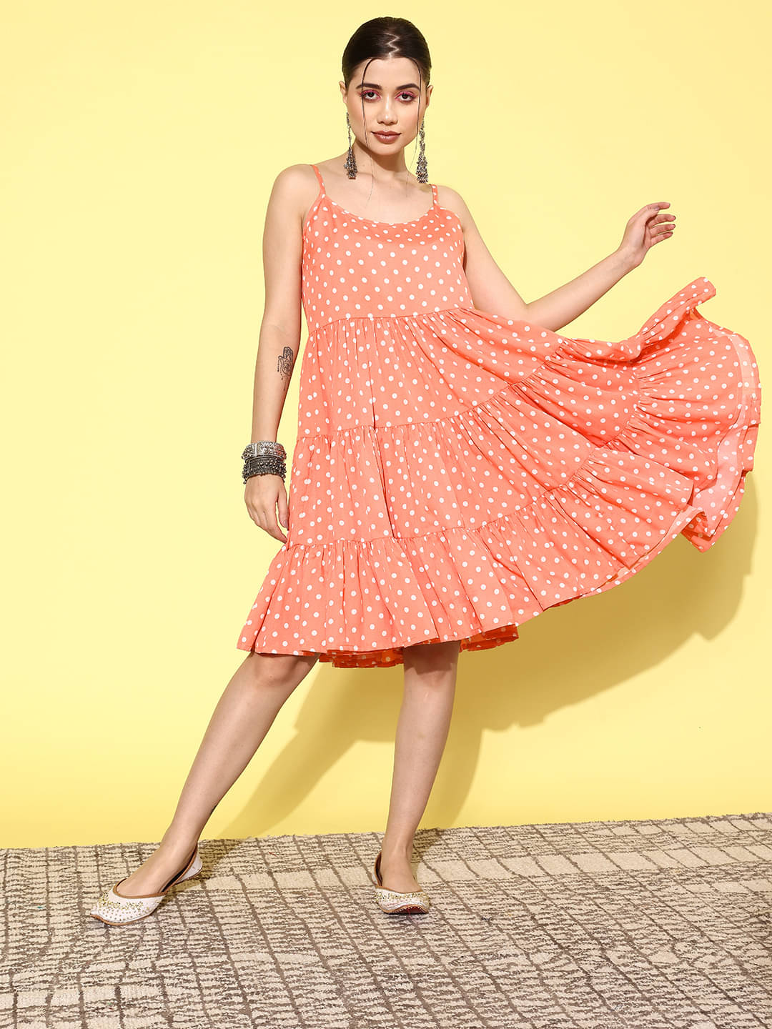 Varanga Crepe Printed Knee Length Women's A-line Dress - Peach ( Pack of 1 ) Varanga Crepe Printed Knee Length Women's A-line Dress - Peach ( Pack of 1 )
