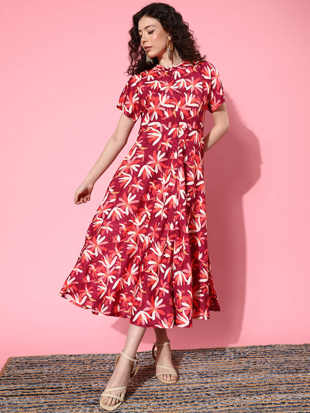     			Varanga Viscose Printed Above Knee Women's A-line Dress - Burgundy ( Pack of 1 )