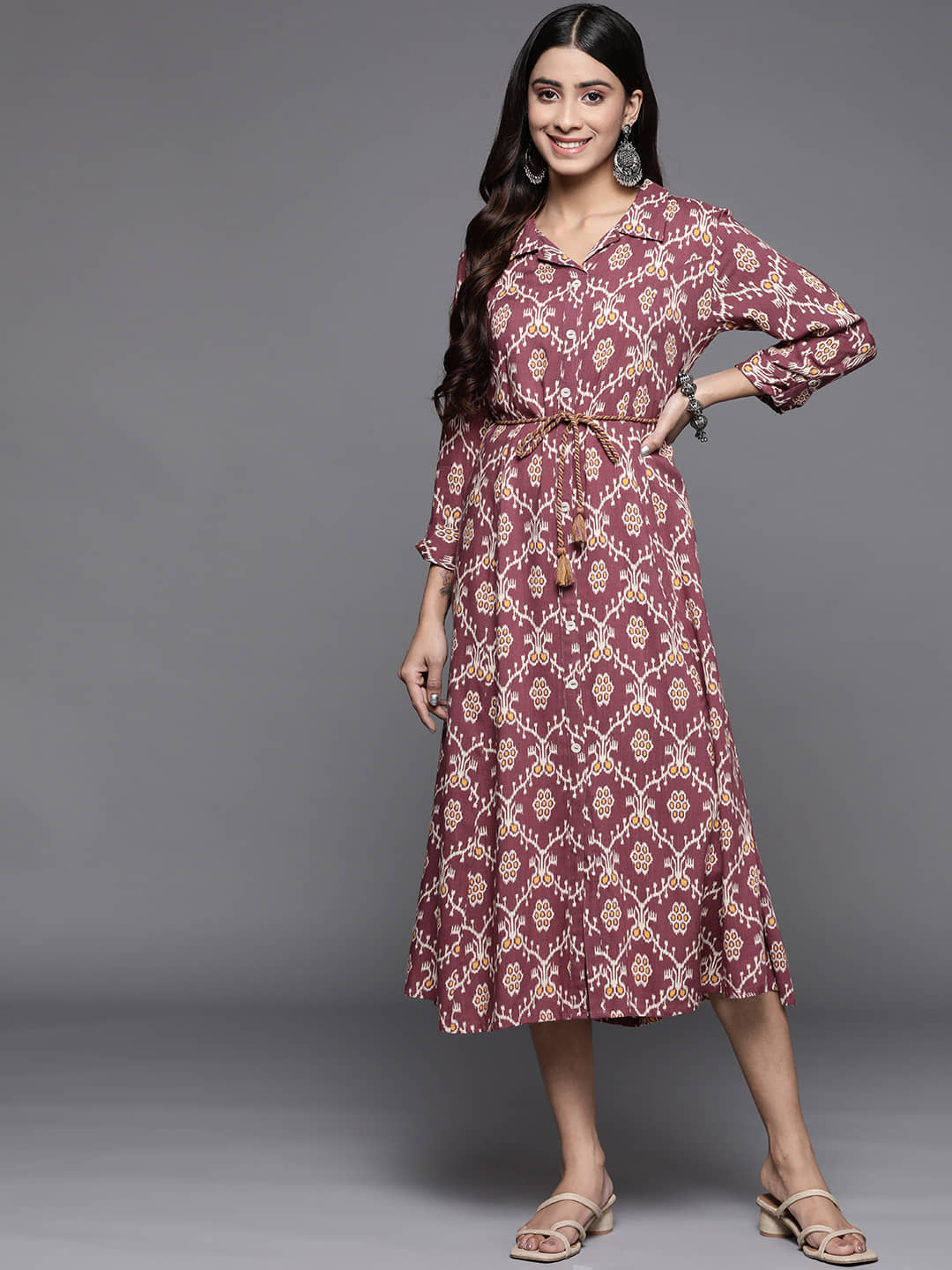 Varanga Viscose Printed Midi Women's A-line Dress - Burgundy ( Pack of 1 )