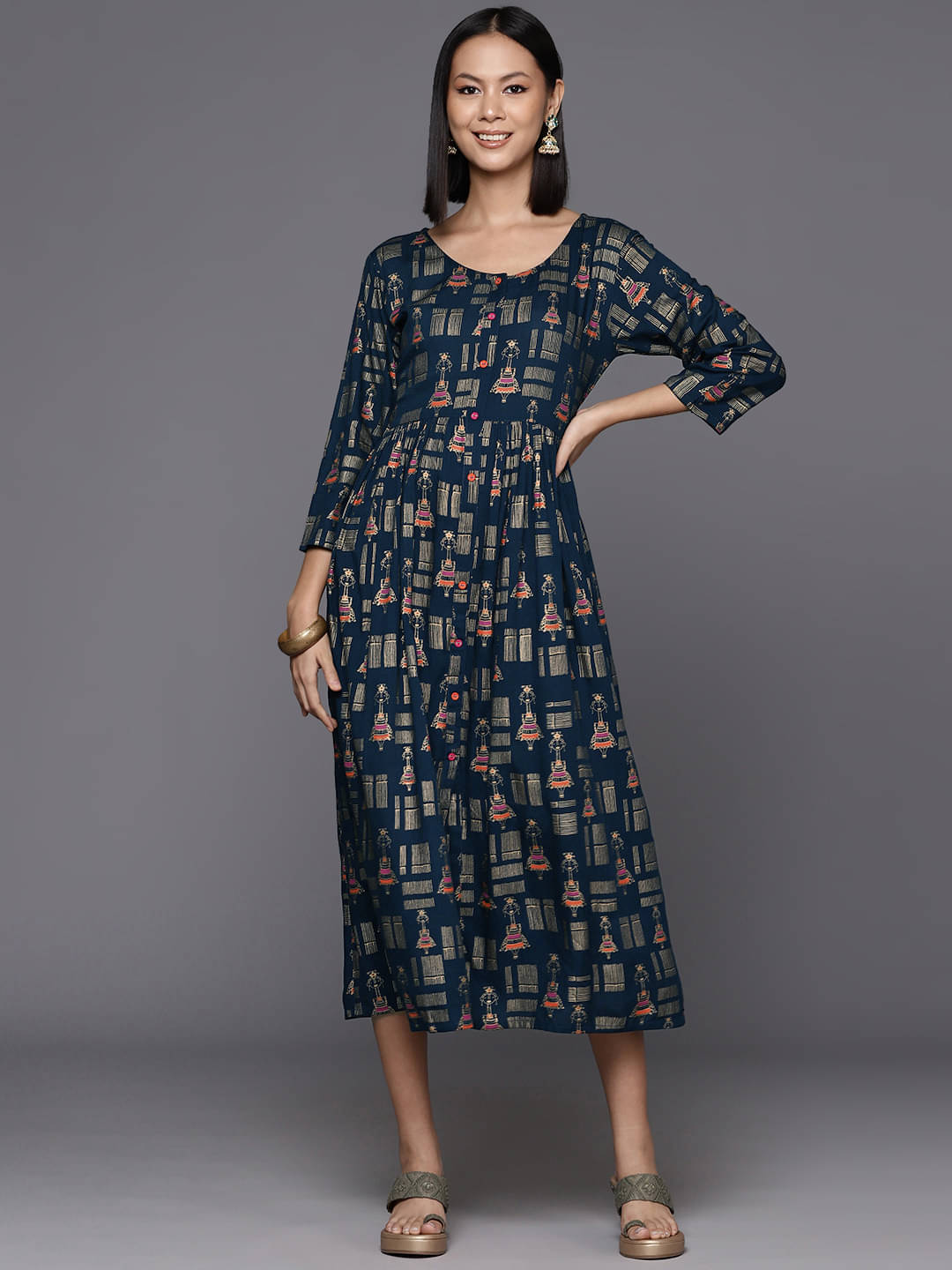     			Varanga Viscose Printed Midi Women's A-line Dress - Navy Blue ( Pack of 1 )
