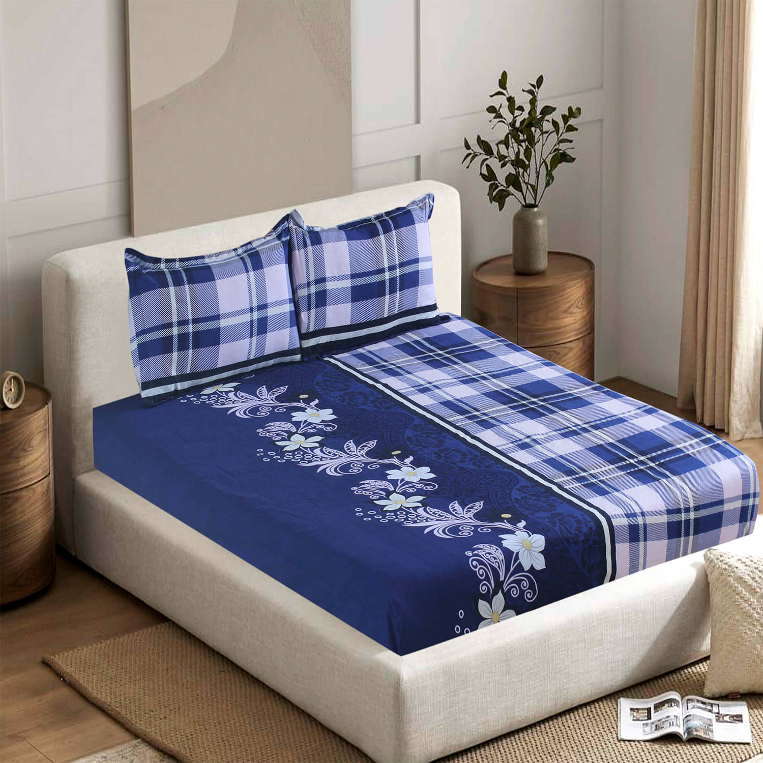     			Welhouse India Cotton 1 Double Bedsheet with 2 Pillow Covers ( Navy Blue )