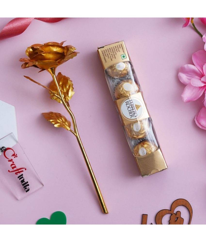 eCraftIndia Golden Rose Valentine's Day Gift & Ferrero Rocher Chocolates (5 pcs) - 400gm eCraftIndia Golden Rose Valentine's Day Gift & Ferrero Rocher Chocolates (5 pcs) - 400gm