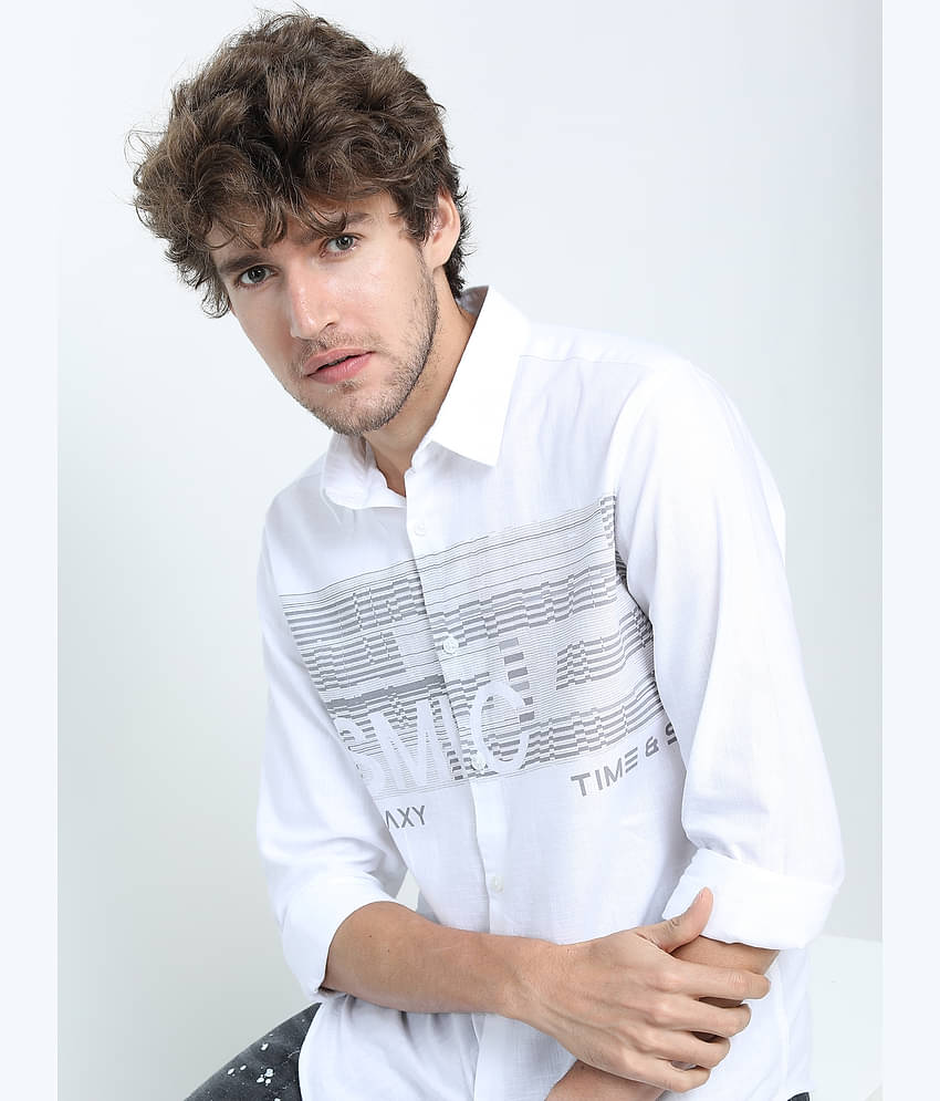 Ketch 100% Cotton Slim Fit Printed Full Sleeves Men's Casual Shirt - White ( Pack of 1 )